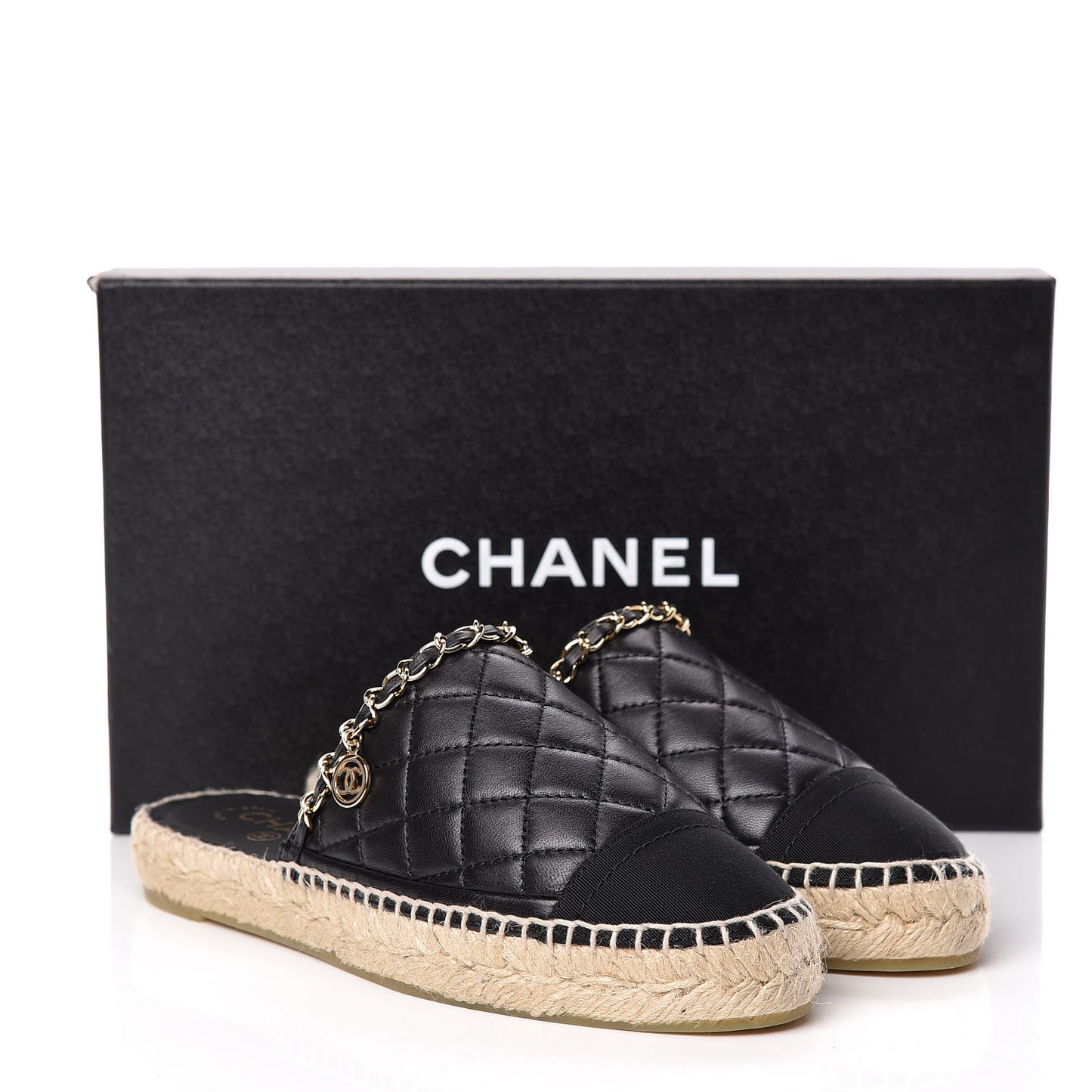 Lambskin Grosgrain Quilted CC Chain Espadrille Mules 36 Black