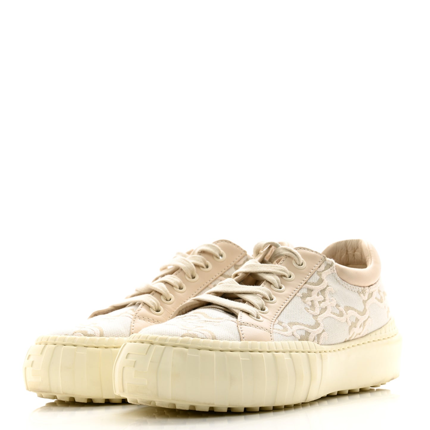 Fabric Jacquard Vitello Nappa FF Karligraphy Womens Fendi Force Low Top Sneakers 37 Camelia