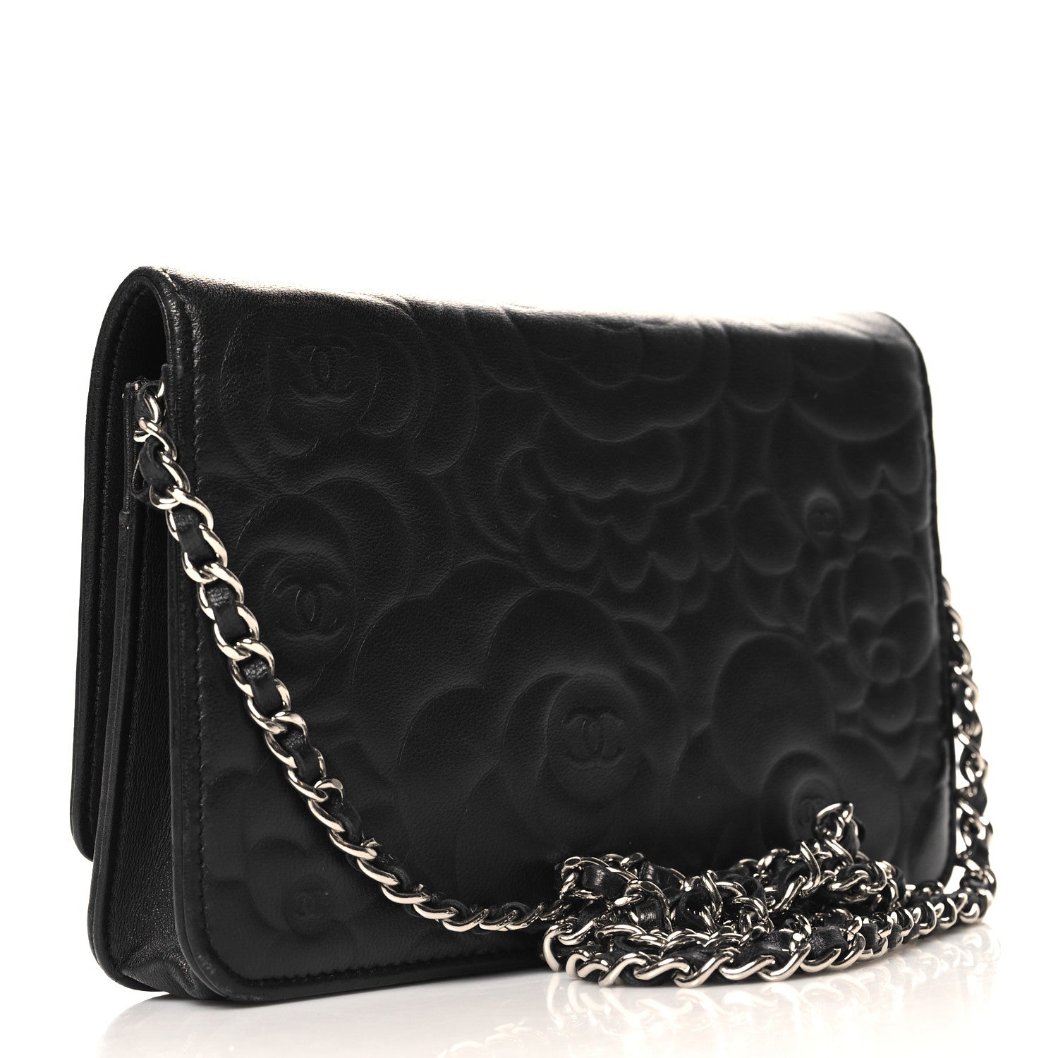 Chanel Lambskin Camellia Embossed Wallet On Chain WOC Black 3 of 13