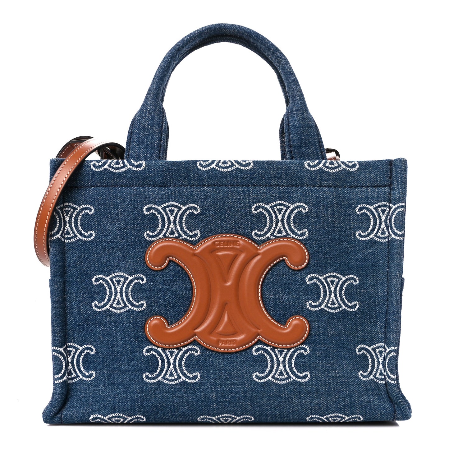 Canvas Calfskin Triomphe Print Small Cabas Navy Tan