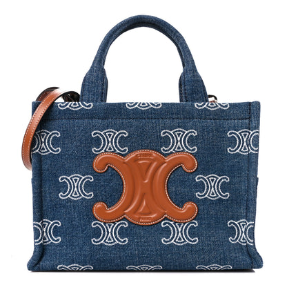 Celine Canvas Calfskin Triomphe Print Small Cabas Navy Tan 1 of 9