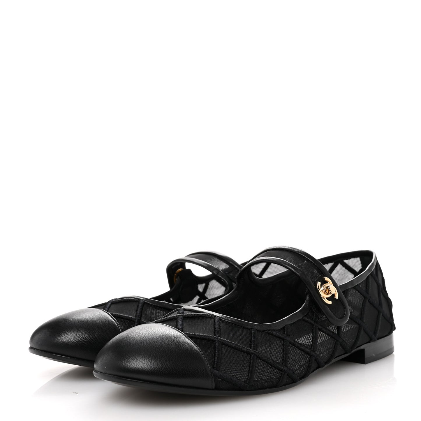 Lambskin Fabric Mesh Quilted Mary Jane Cap Toe Flats 40.5 Black
