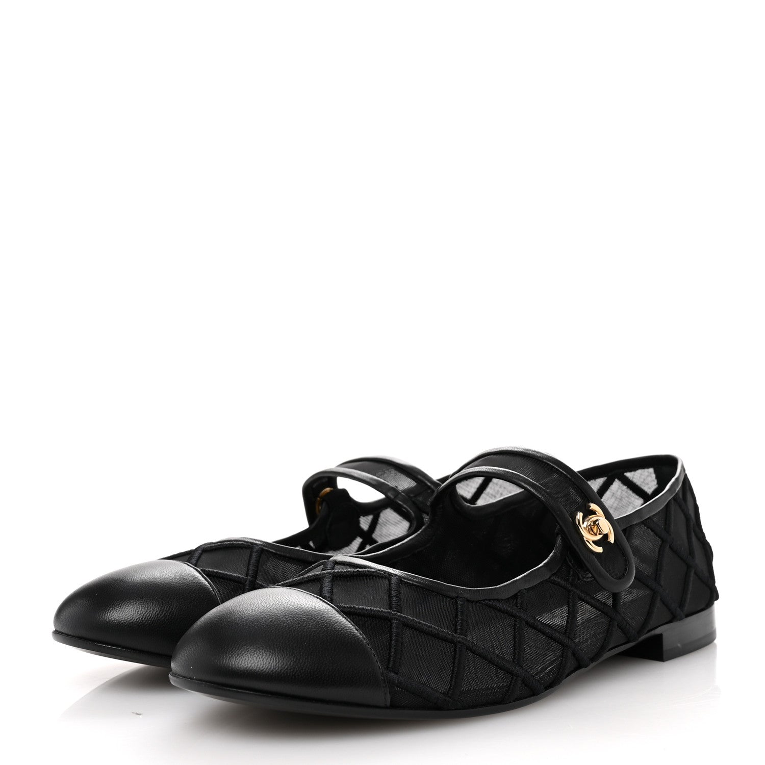 Chanel Lambskin Fabric Mesh Quilted Mary Jane Cap Toe Flats 40.5 Black 4 of 9