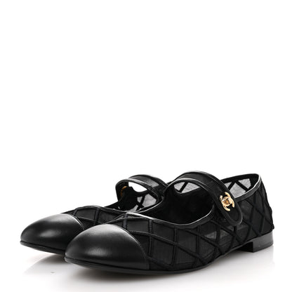 Chanel Lambskin Fabric Mesh Quilted Mary Jane Cap Toe Flats 40.5 Black 4 of 9