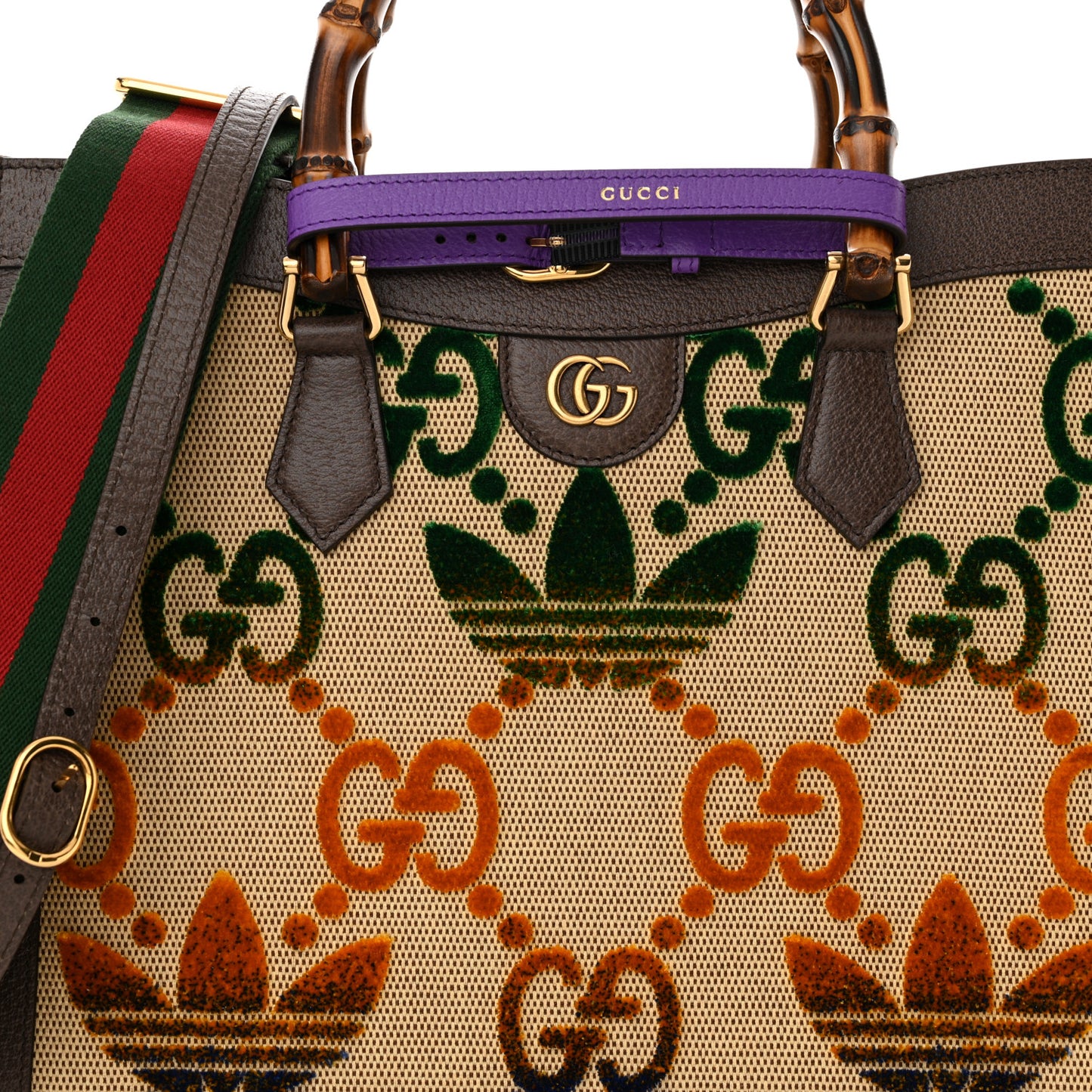 X ADIDAS Textured Dollar Calfskin Jumbo GG Textured Web Trefoil Logo Medium Diana Tote Bag Beige Brown Multicolor
