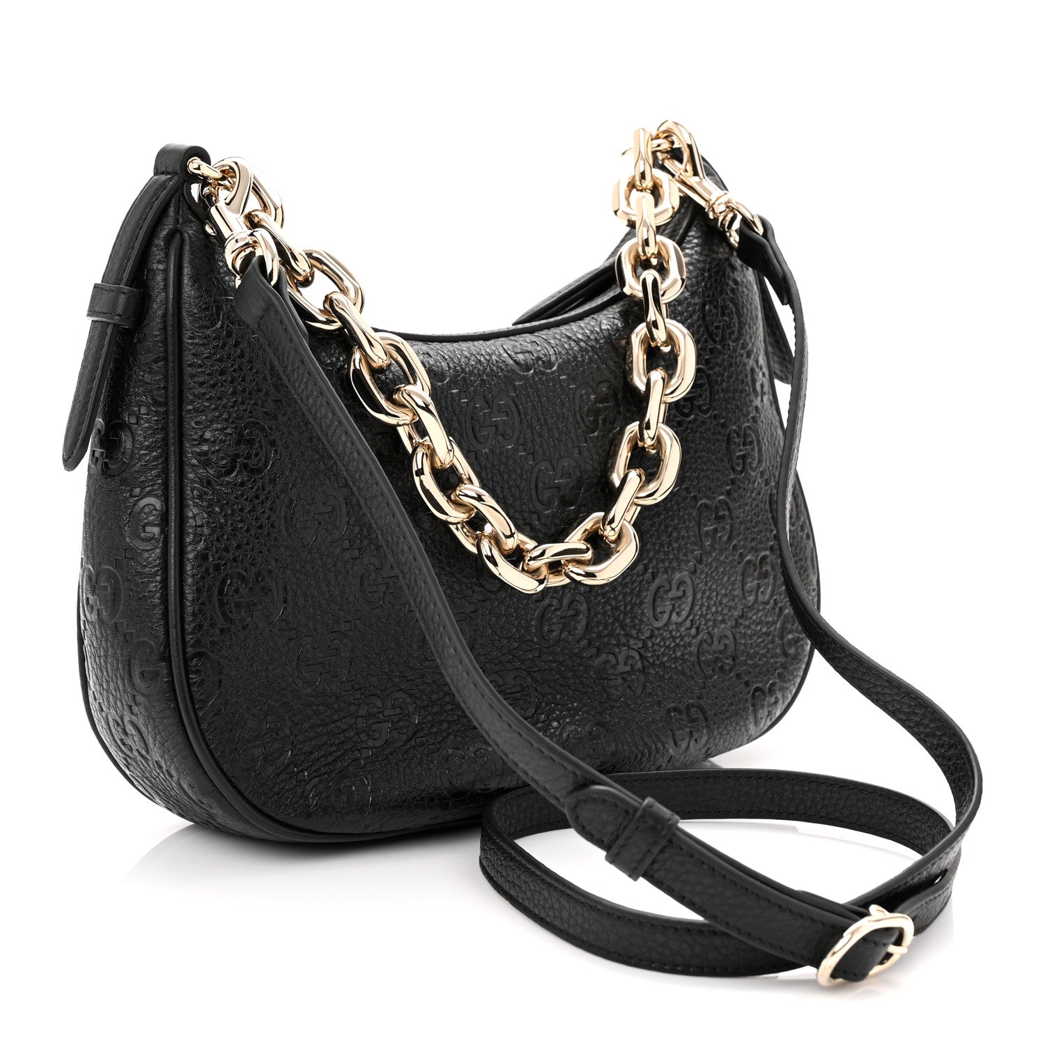 Gucci GG Grainy Calfskin Emblem Small Half Moon Shoulder Bag Black 3 of 10