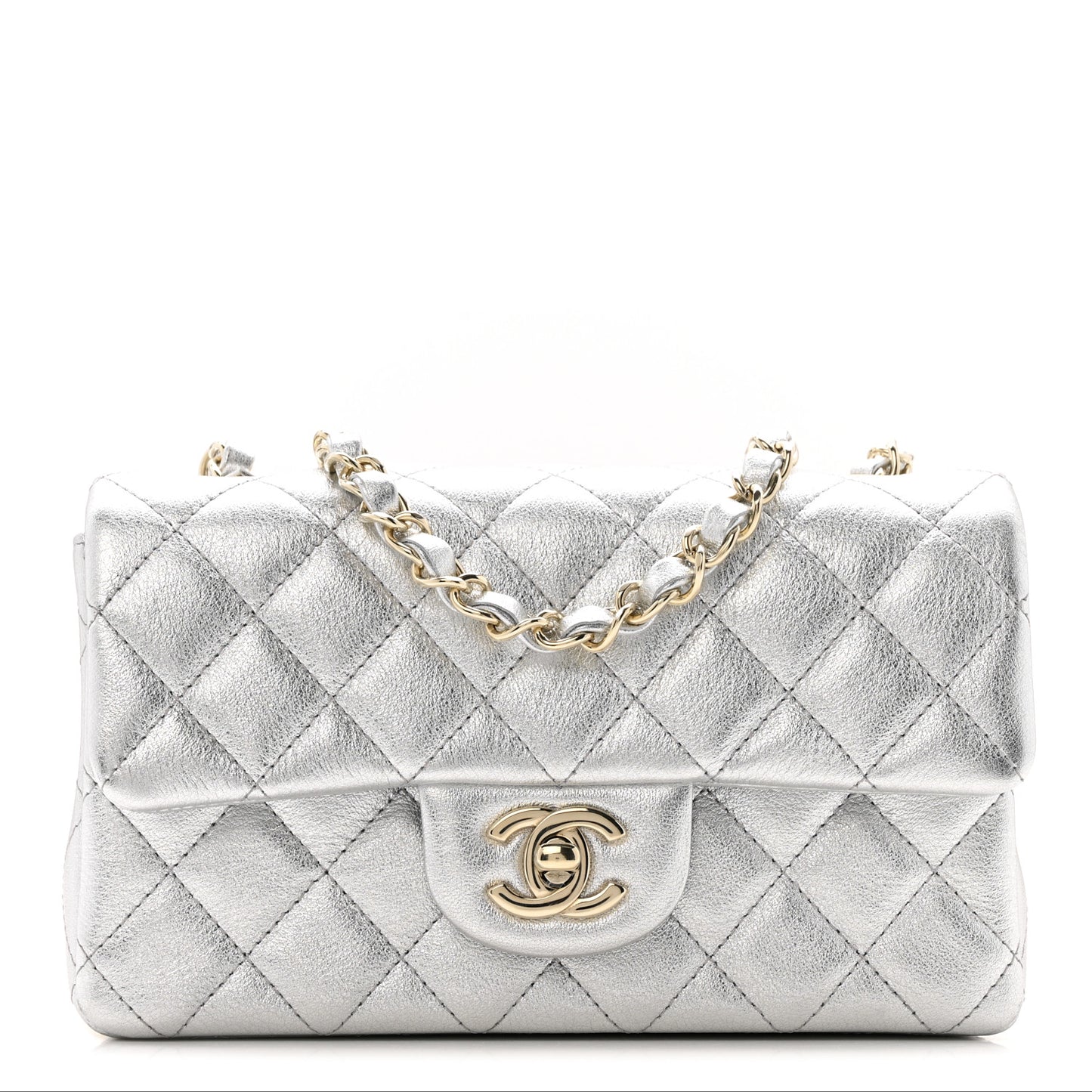 Metallic Calfskin Quilted Mini Rectangular Flap Silvery