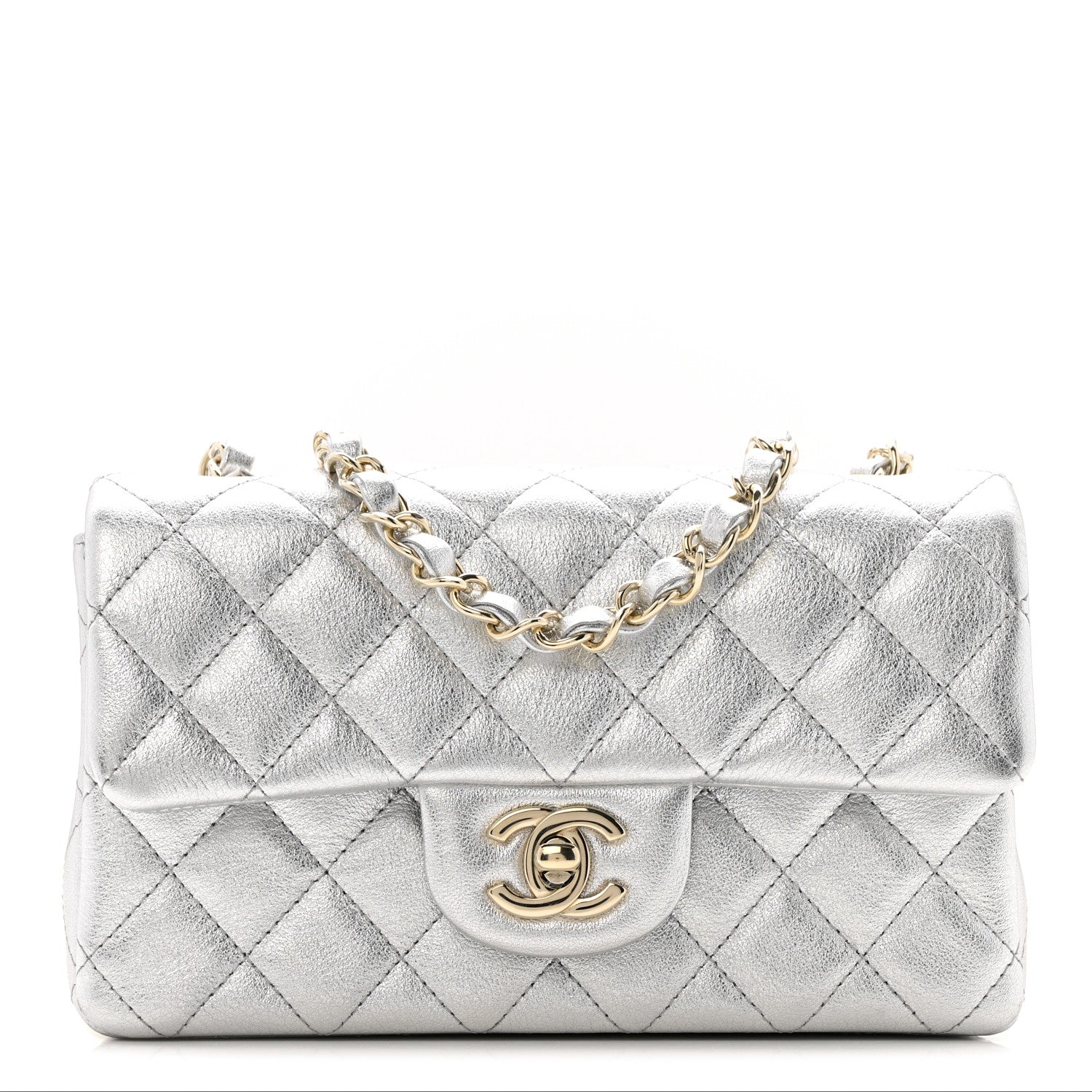 Chanel Metallic Calfskin Quilted Mini Rectangular Flap Silvery 1 of 13