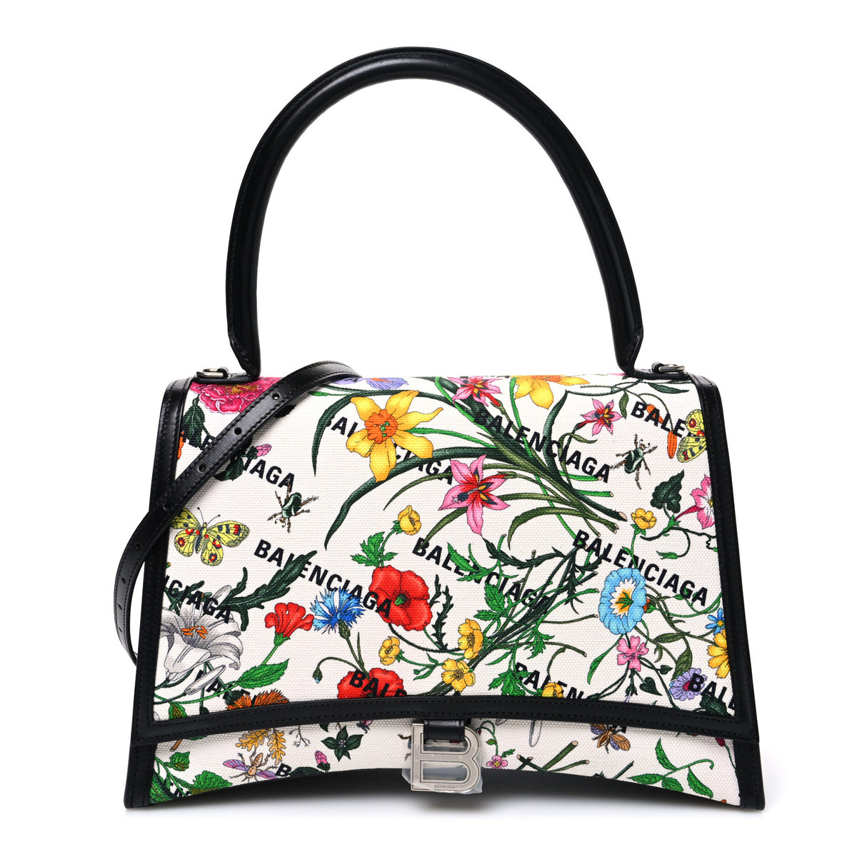 X GUCCI Canvas Boarded Plutone Calfskin Flora Logo Print Medium Hourglass Top Handle Bag White Multicolor Black