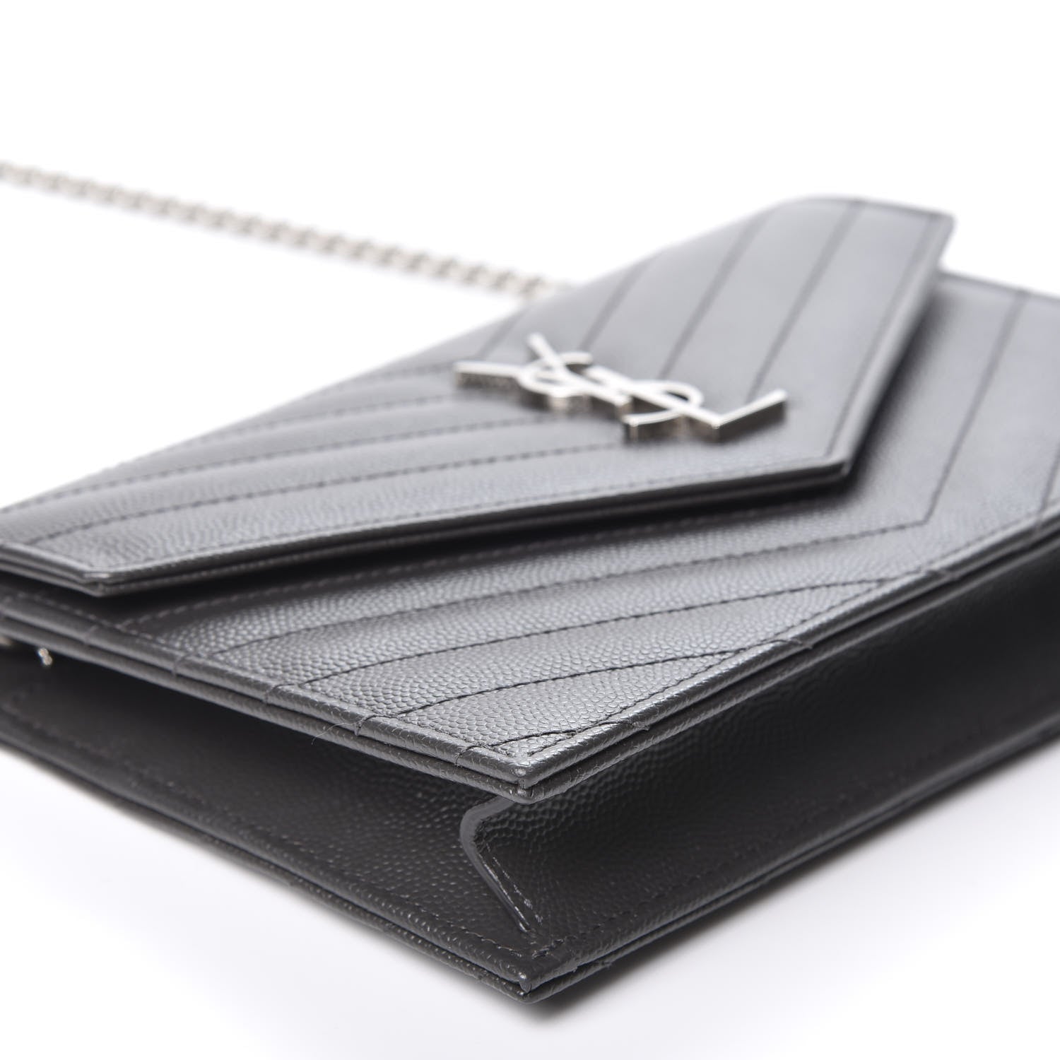 Saint Laurent Grain De Poudre Matelasse Chevron Monogram Envelope Chain Wallet Coal 5 of 9