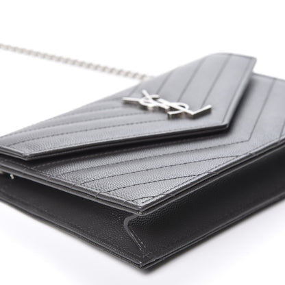 Saint Laurent Grain De Poudre Matelasse Chevron Monogram Envelope Chain Wallet Coal 5 of 9