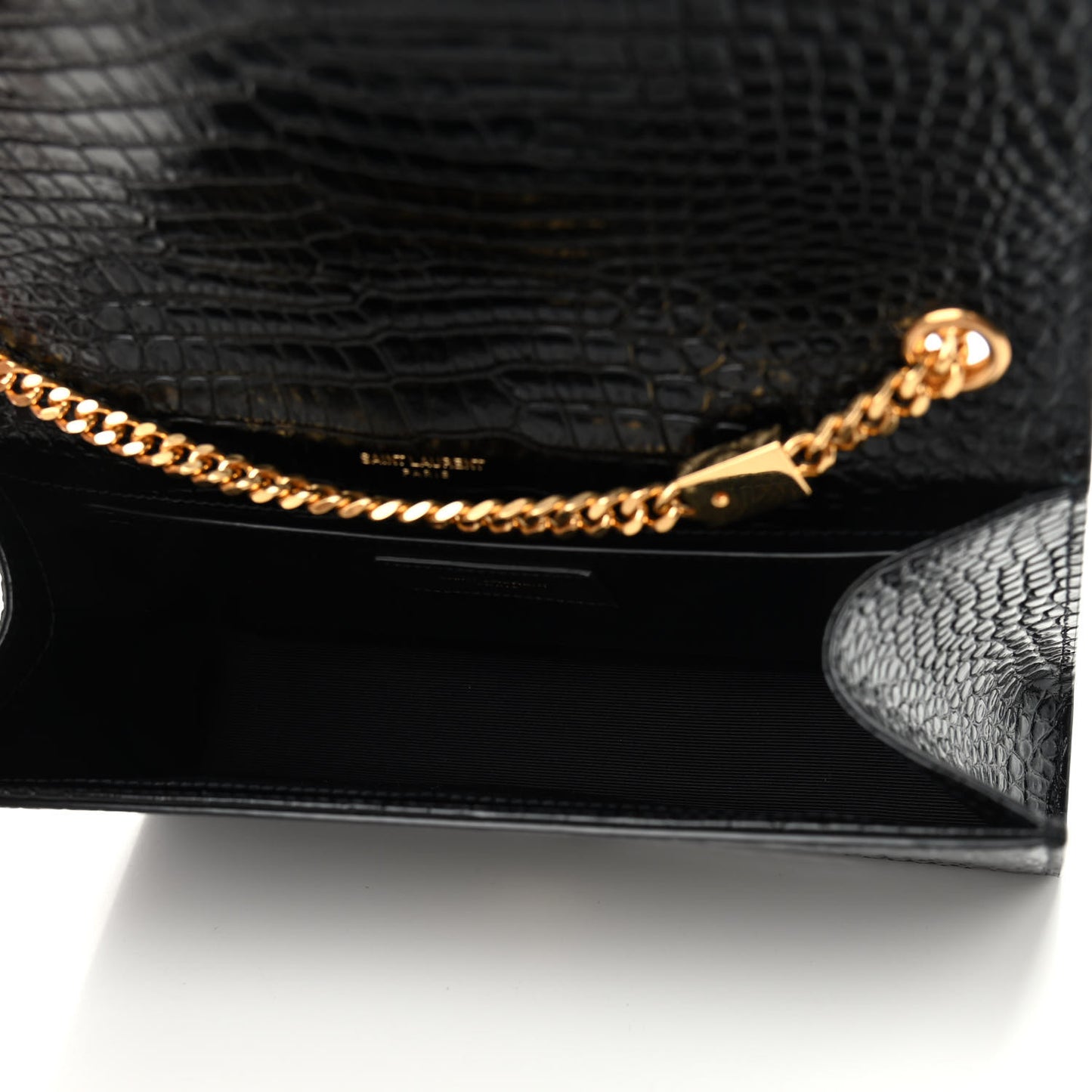 Calfskin Crocodile Embossed Medium Classic Monogram Kate Tassel Satchel Black