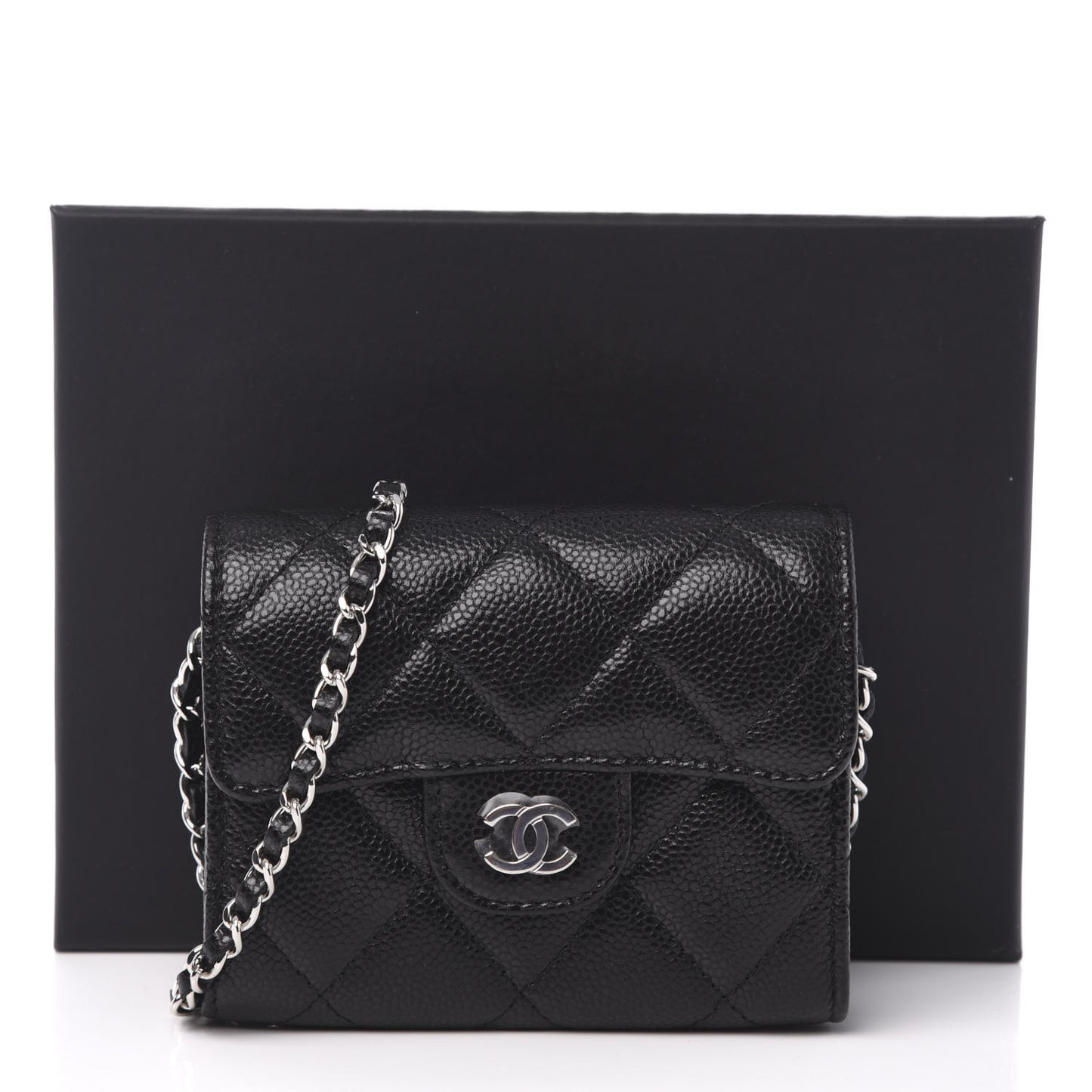 Caviar Quilted Flap Card Holder On Chain Black