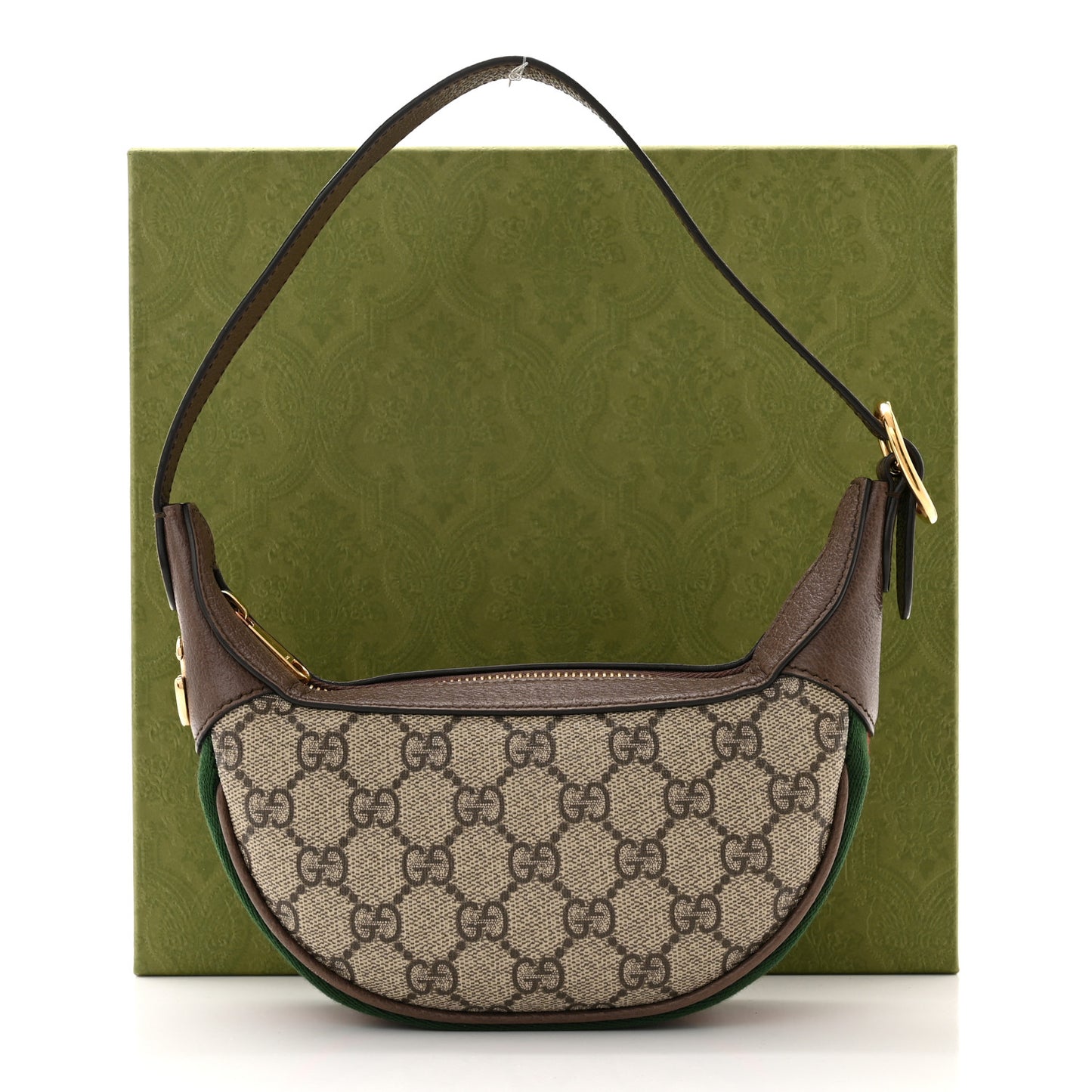 GG Supreme Monogram Textured Calfskin Web Mini Ophidia Half Moon Hobo Beige Ebony New Acero