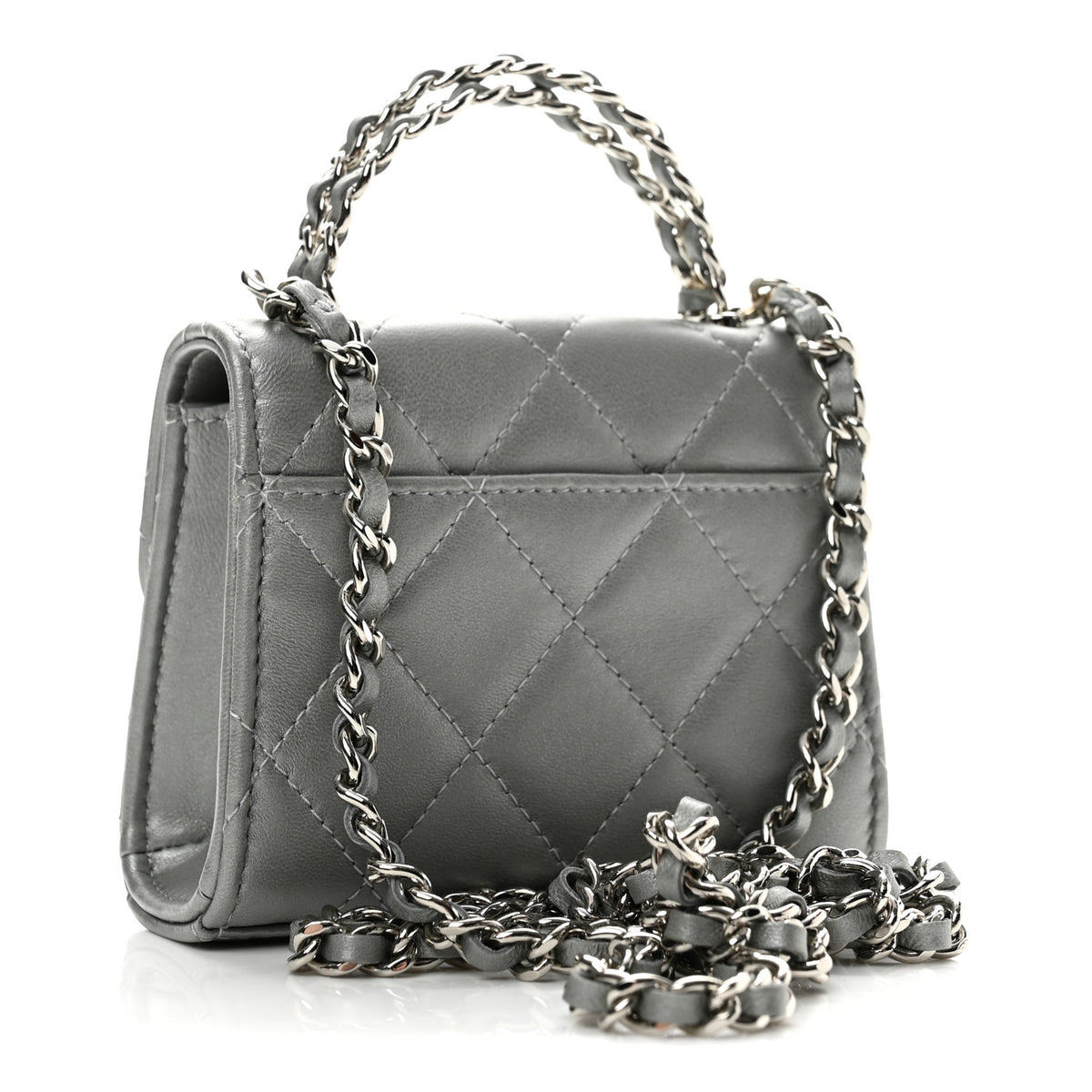 Chanel Metallic Lambskin Quilted Mini Chain CC Top Handle Clutch With Chain Silver 2 of 11