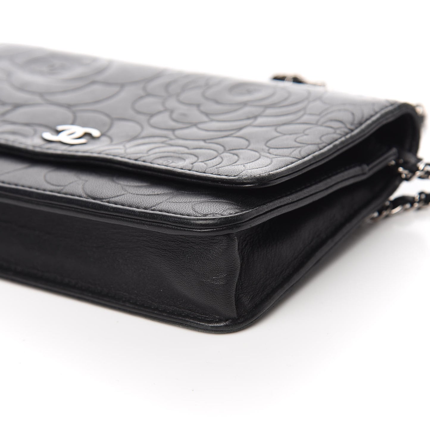 Lambskin Camellia Embossed Wallet on Chain WOC Black