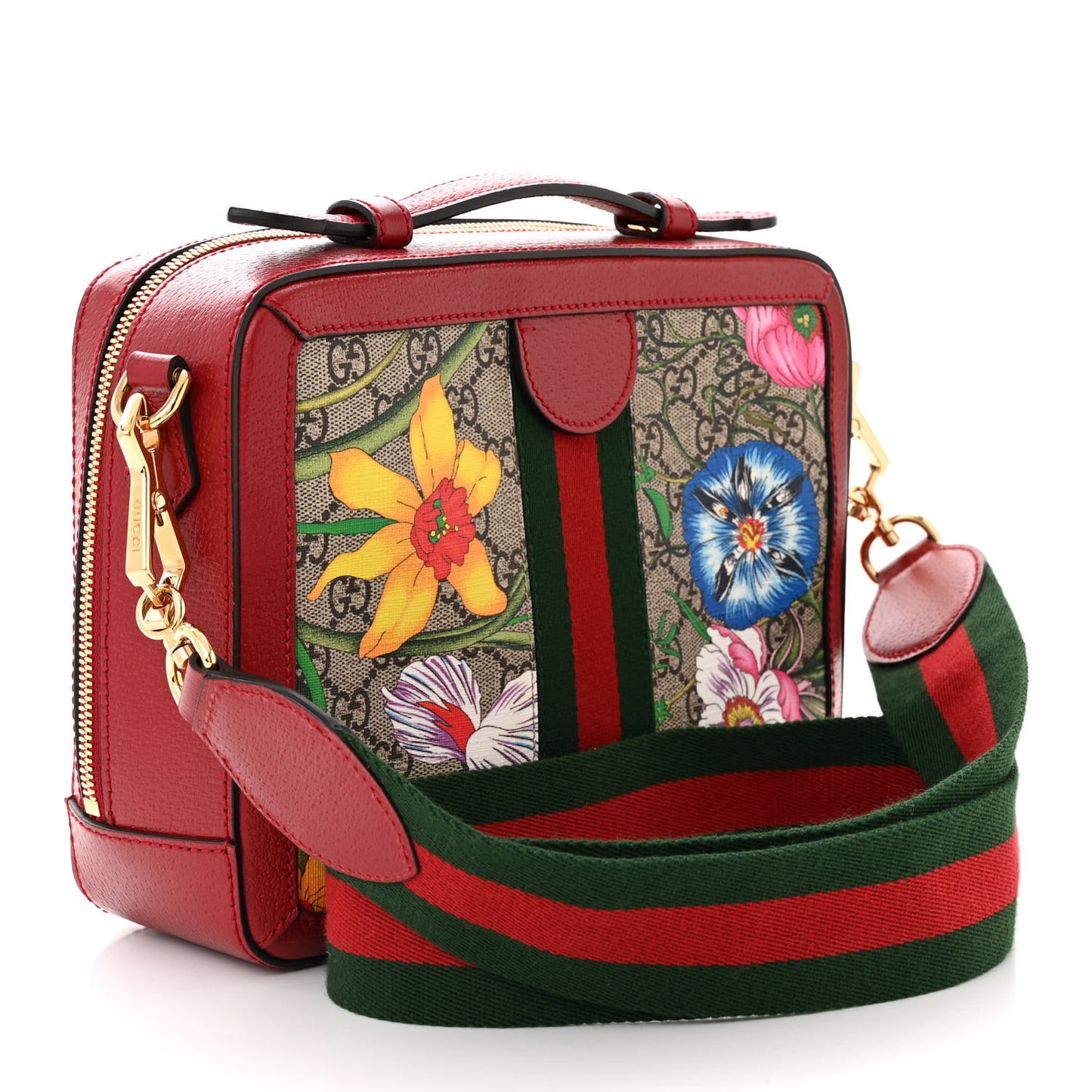 GG Supreme Monogram Flora Web Small Ophidia Top Handle Shoulder Bag Hibiscus Red
