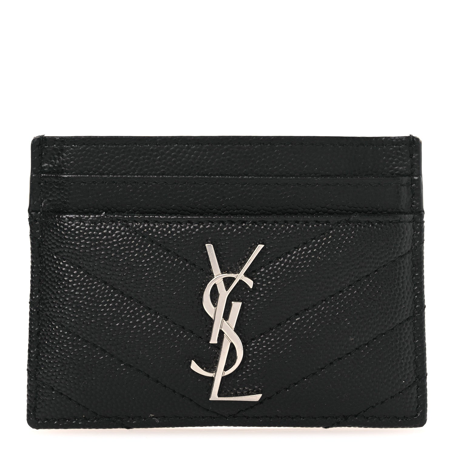 Saint Laurent Grain De Poudre Matelasse Chevron Monogram Credit Card Case Black 1 of 10