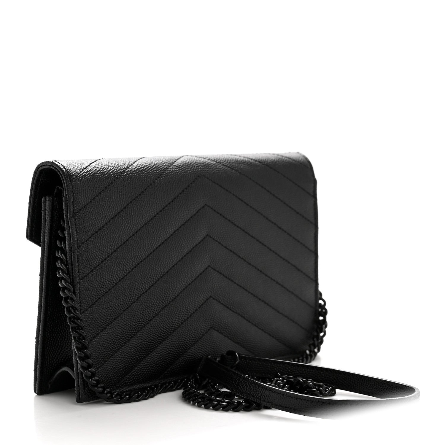 Saint Laurent Grain De Poudre Matelasse Chevron Monogram Monochrome Envelope Chain Wallet Black 3 of 13