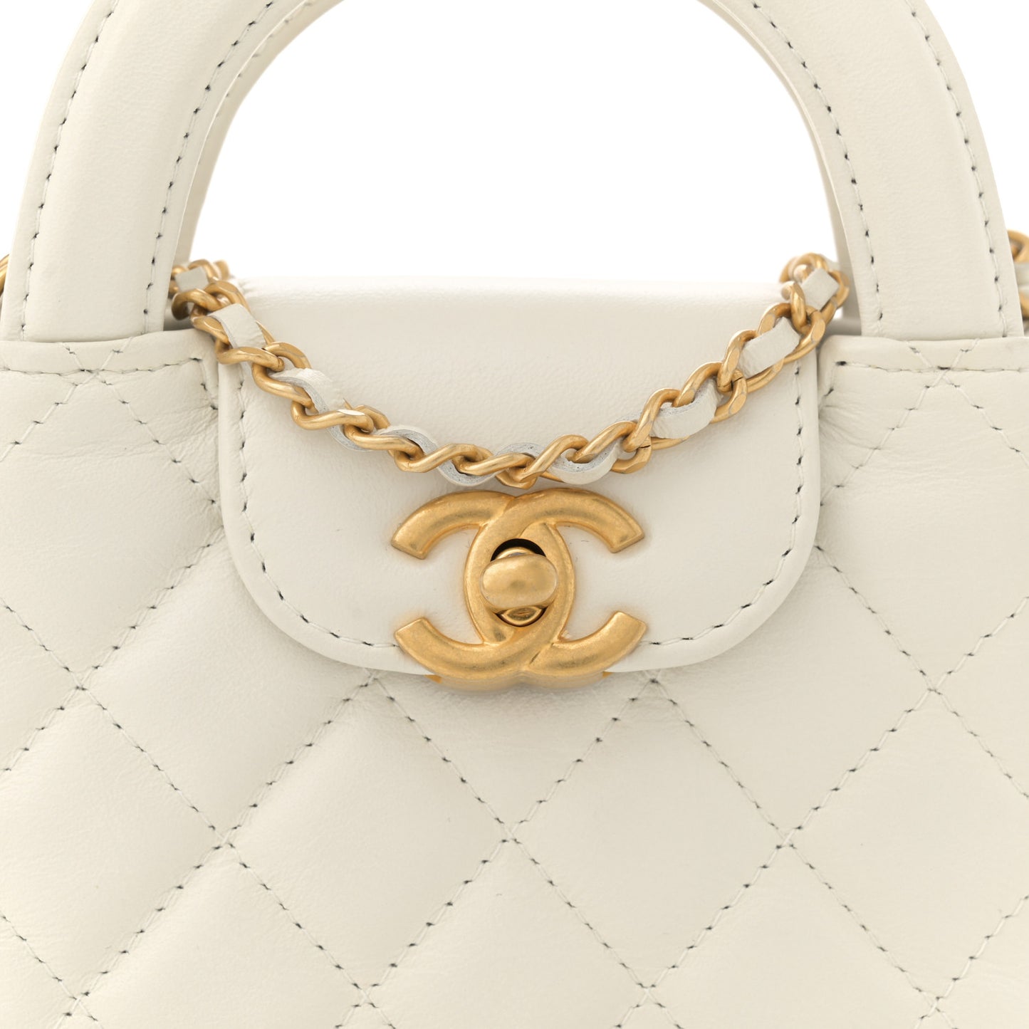 Shiny Aged Calfskin Quilted Mini Nano Kelly Shopper White