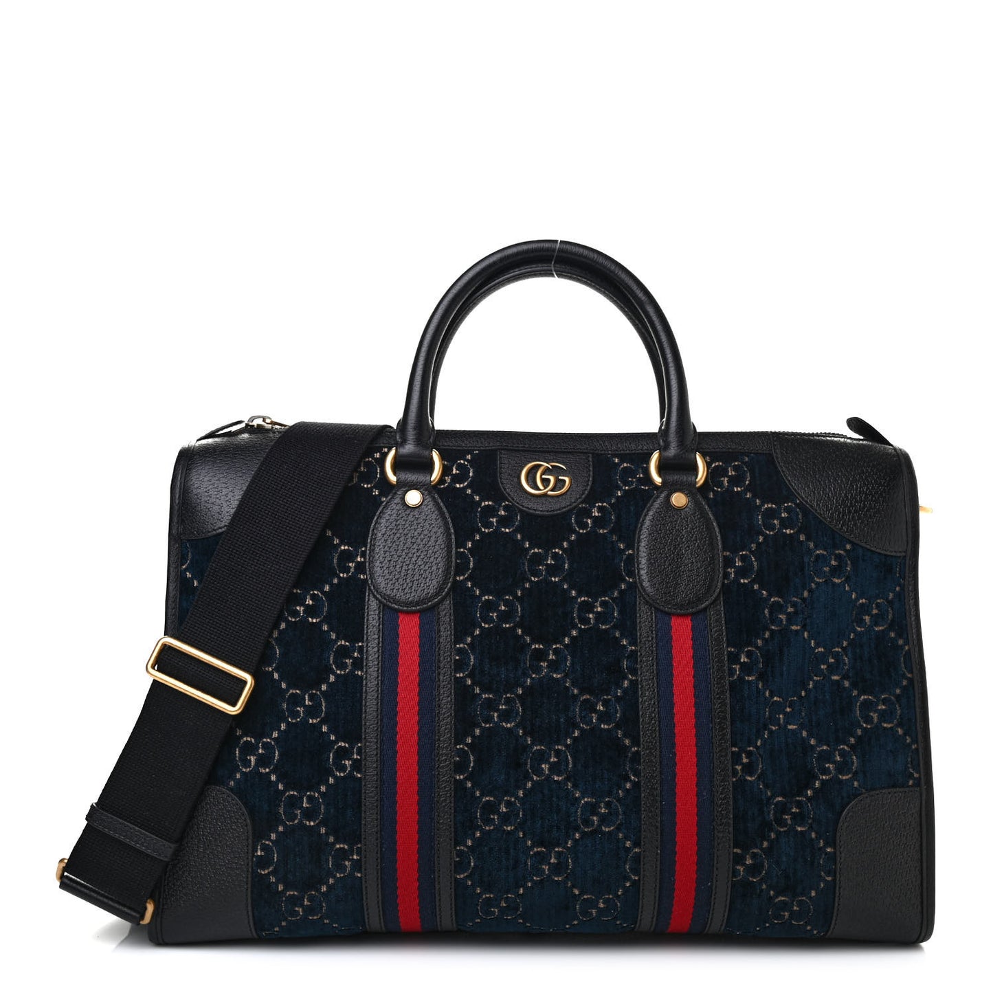 Velvet GG Monogram Textured Calfskin Web Medium Duffle Bag Blue Beige Black