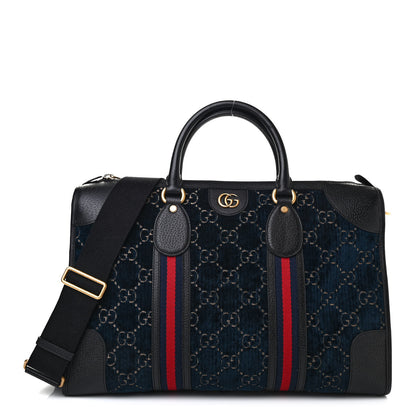Gucci Velvet GG Monogram Textured Calfskin Web Medium Duffle Bag Blue Beige Black 1 of 9