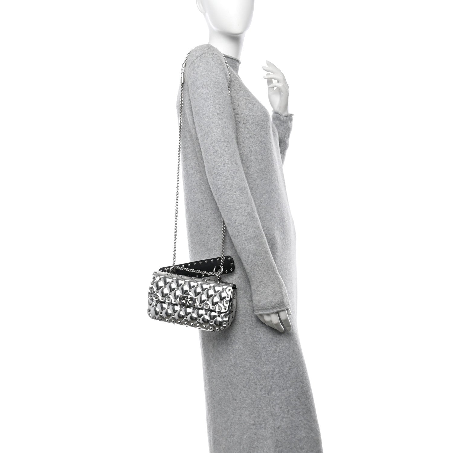 Valentino Garavani Metallic Patent Quilted Small Rockstud Spike Shoulder Bag Silver 2 of 9