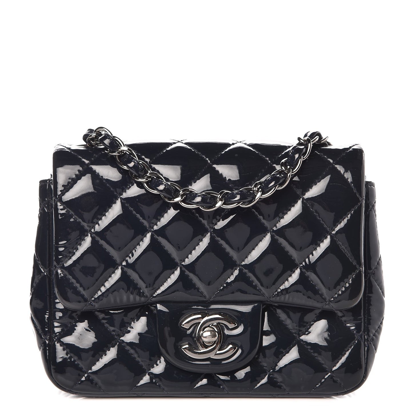 Patent Quilted Mini Square Flap Navy Blue