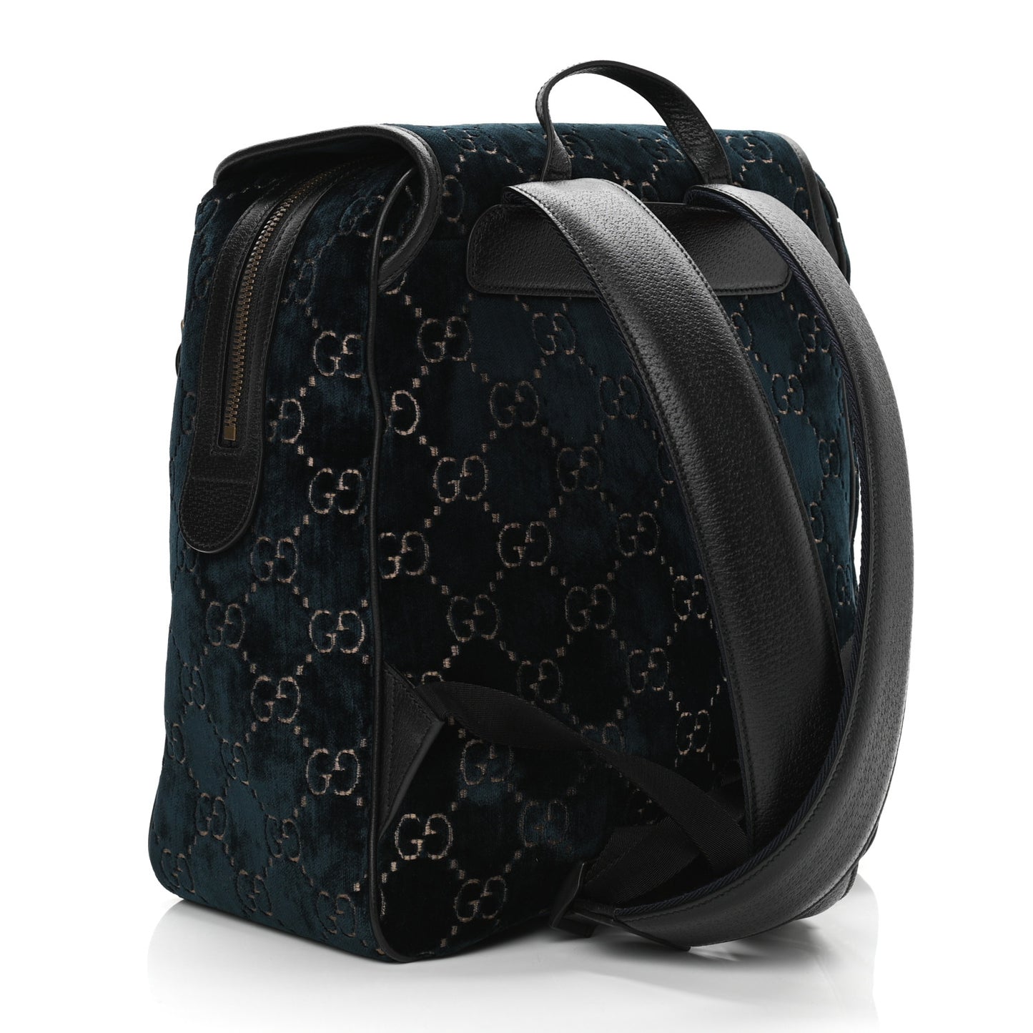 Velvet GG Monogram Textured Calfskin Web Small Double Buckle Backpack Blue Beige Black