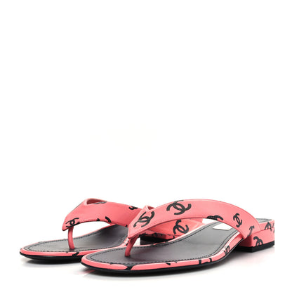 Chanel Lambskin Printed CC Thong Sandals 39 Pink Black 3 of 8