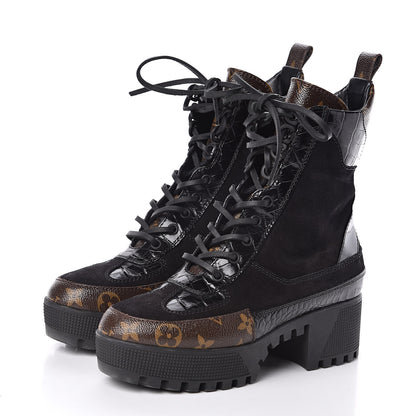 Louis Vuitton Suede Calfskin Monogram Laureate Platform Desert Boots 36 Black 3 of 7