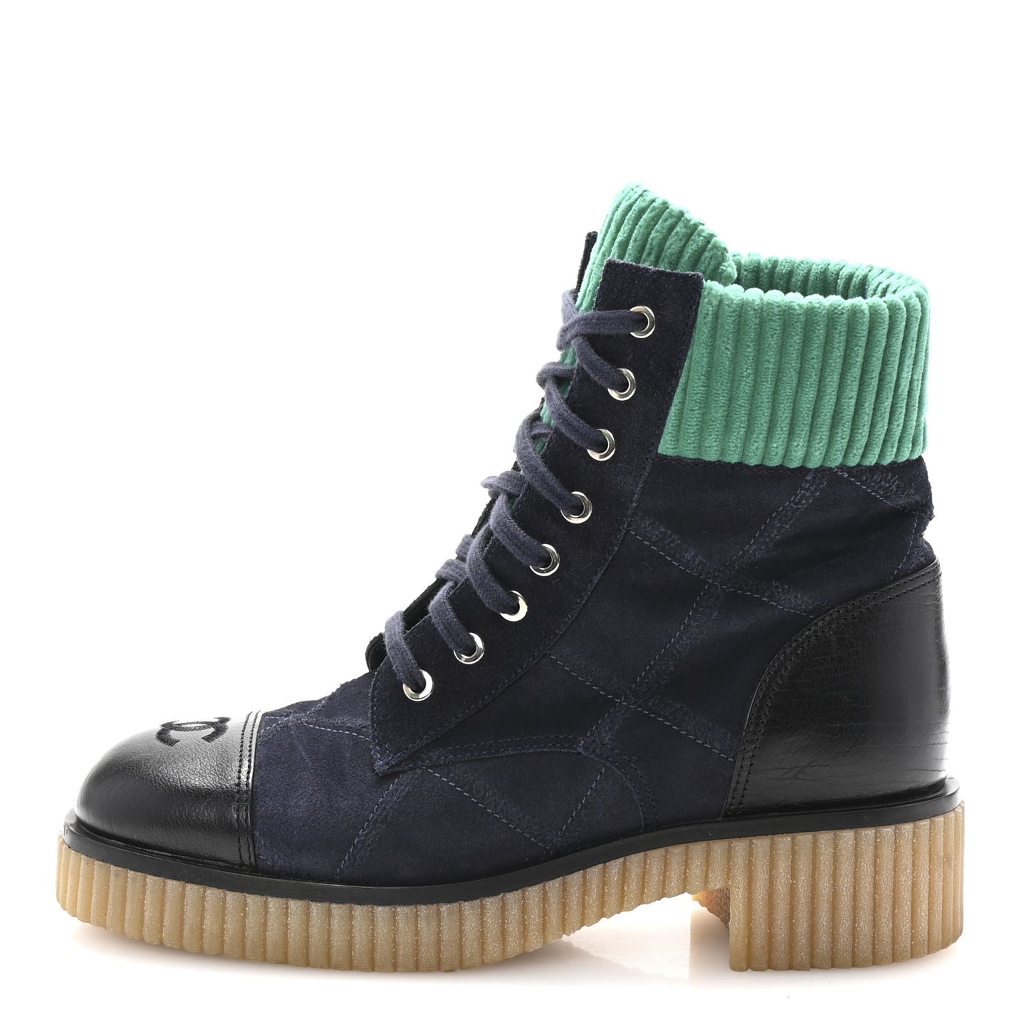 Suede Calfskin Velvet Quilted CC Combat Boots 38.5 Navy Green Black