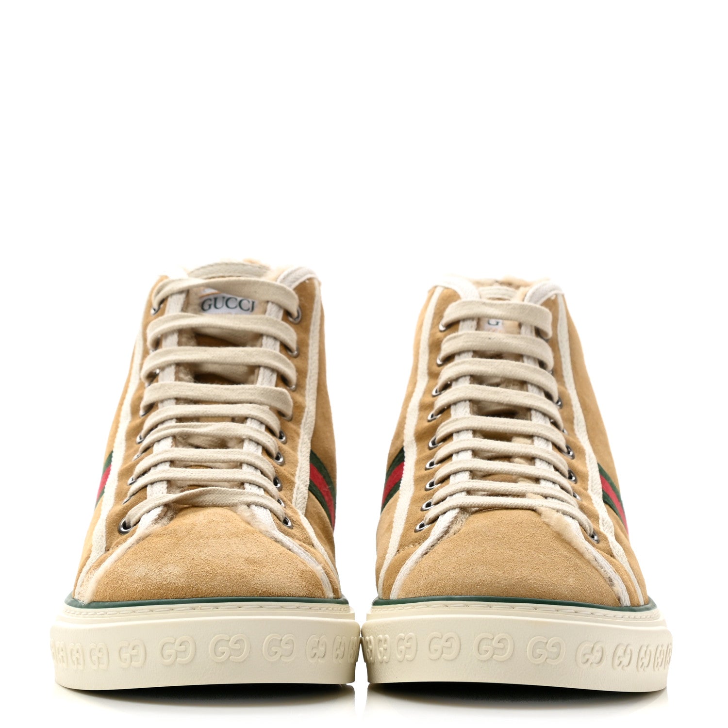 Gucci Suede Shearling Web Mens 1977 Tennis High Top Sneakers 7 Butterscotch Mystic White 2 of 10