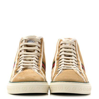 Gucci Suede Shearling Web Mens 1977 Tennis High Top Sneakers 7 Butterscotch Mystic White 2 of 10