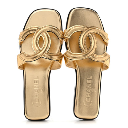 Chanel Crackled Laminated Calfskin CC Cut Out Mules Sandals 37 Gold 2 of 10