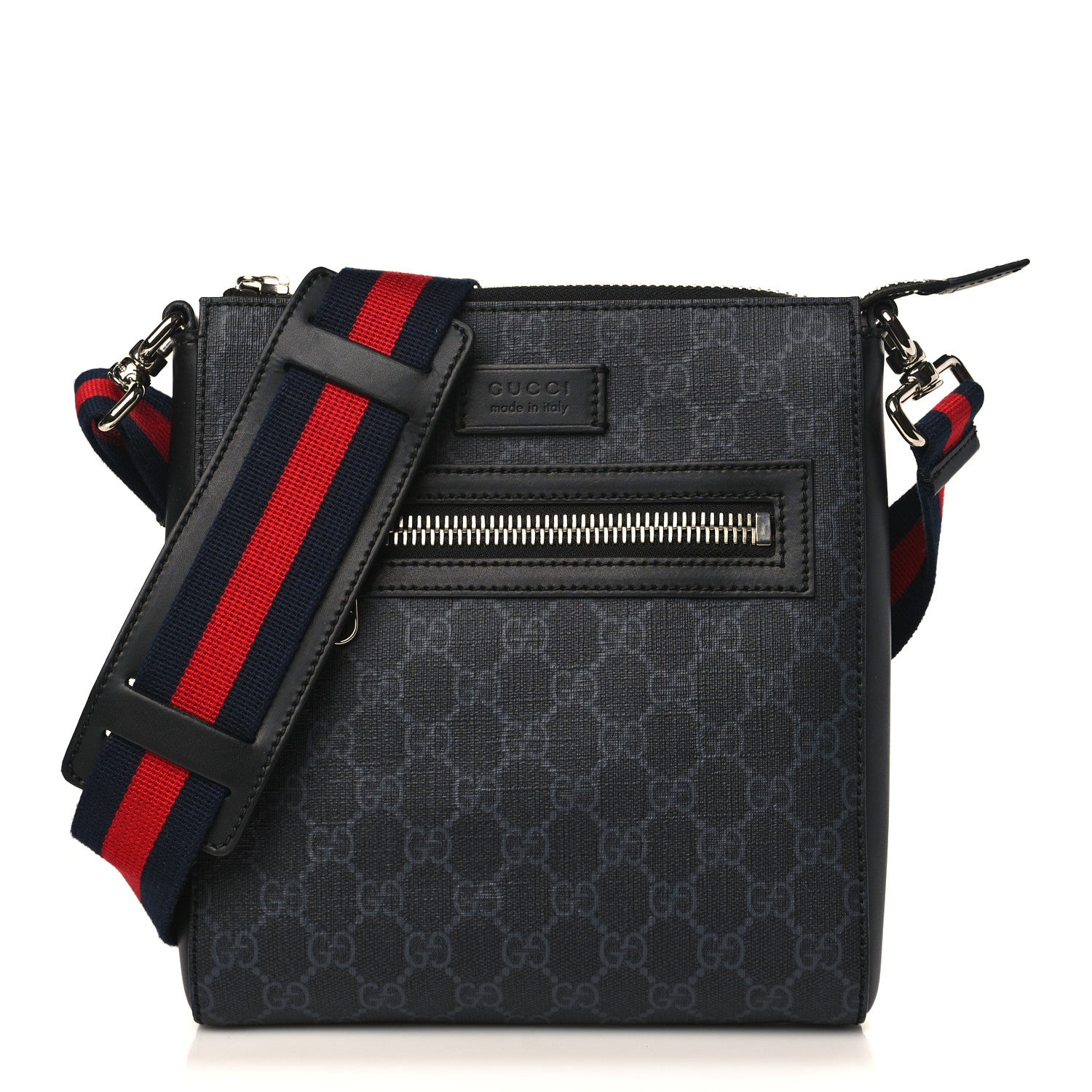 Gucci GG Supreme Monogram Web Small Flat Messenger Bag Black Grey 1 of 10