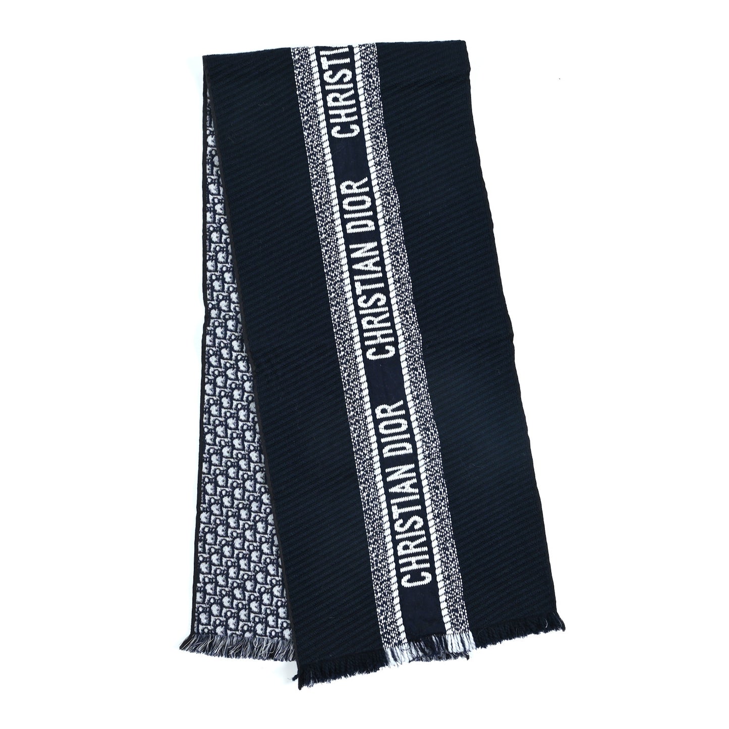 Wool Silk Oblique University Reversible Scarf Navy Blue