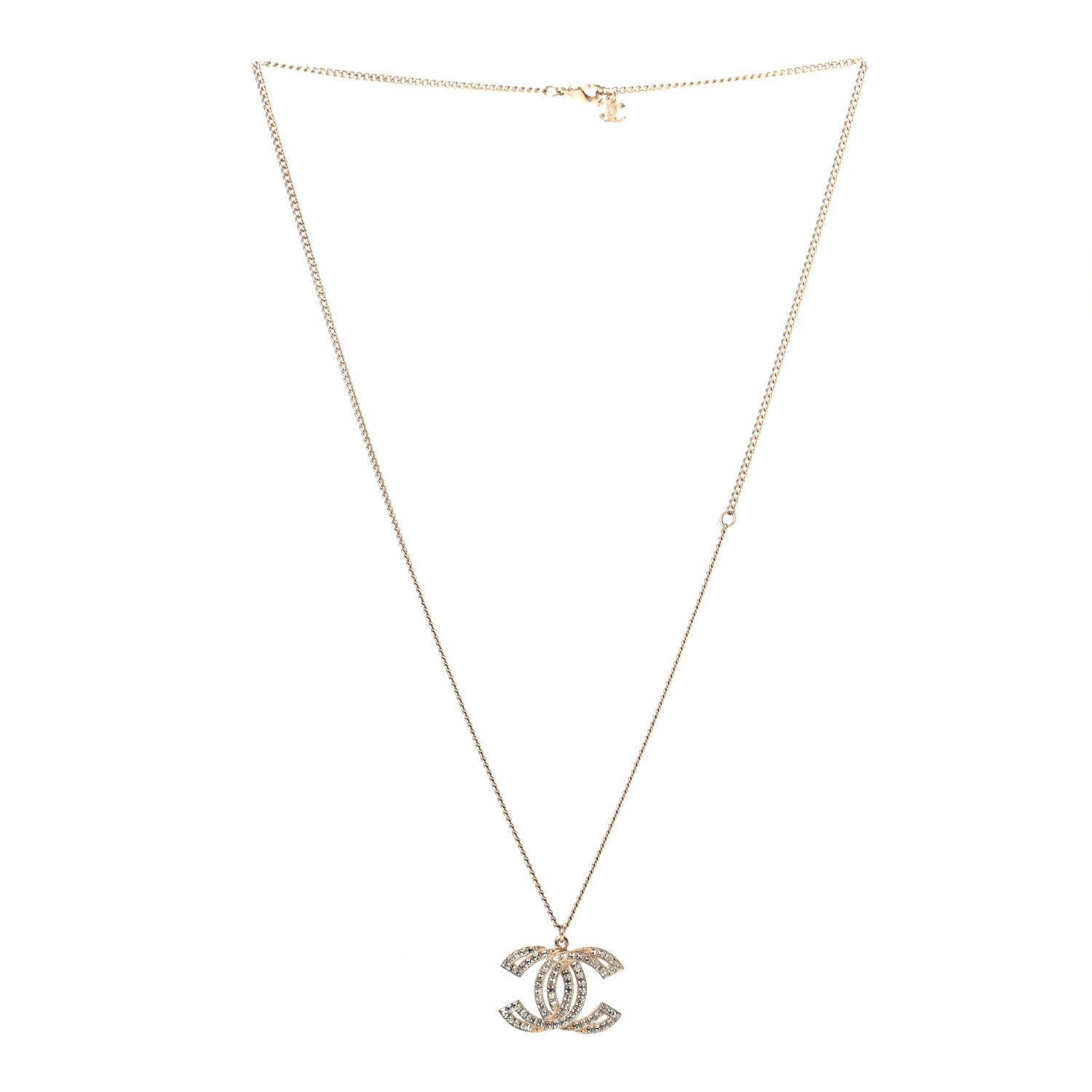Chanel Metal Crystal Baguette CC Pendant Necklace Gold 2 of 3