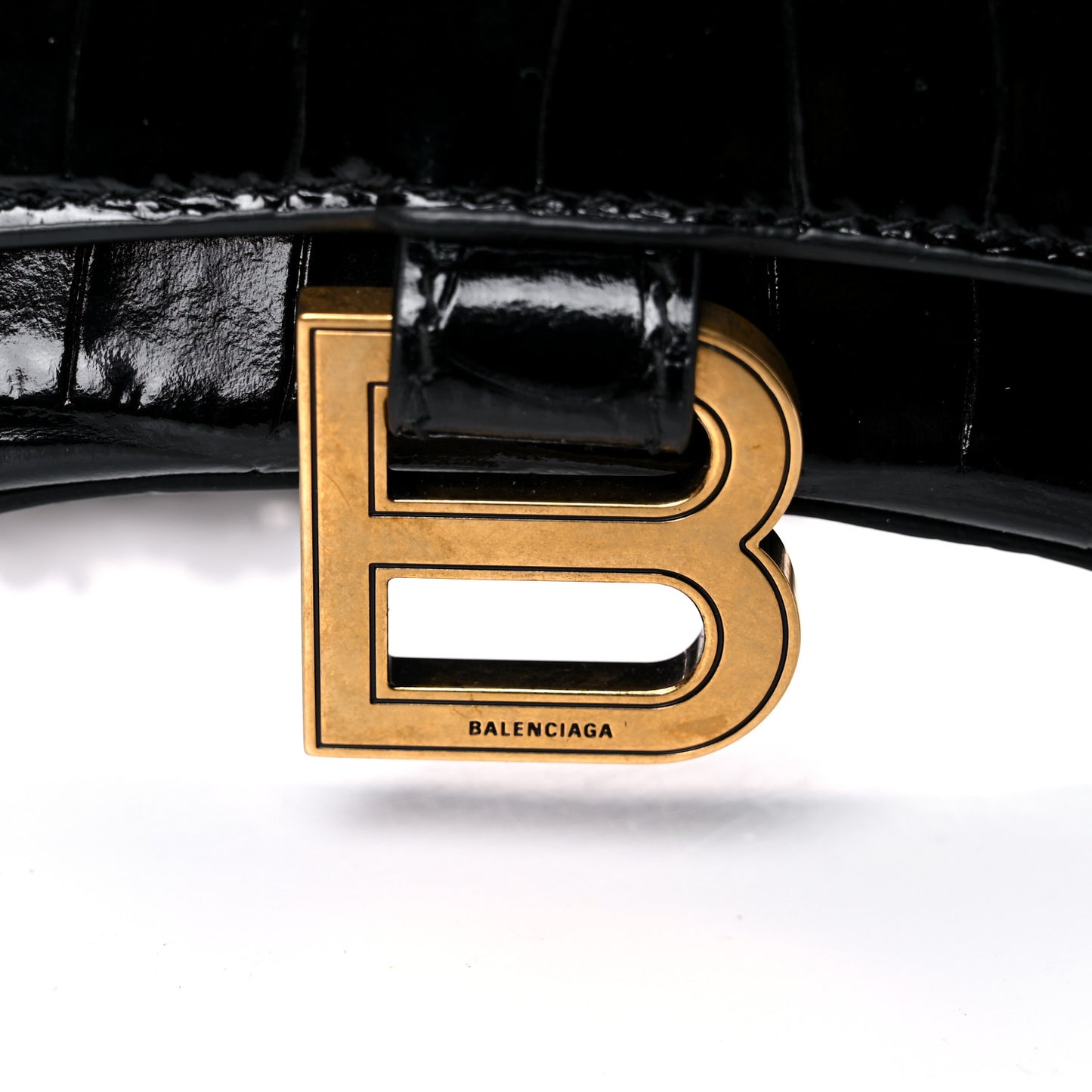 Shiny Calfskin Crocodile Embossed Hourglass Chain Bag Black