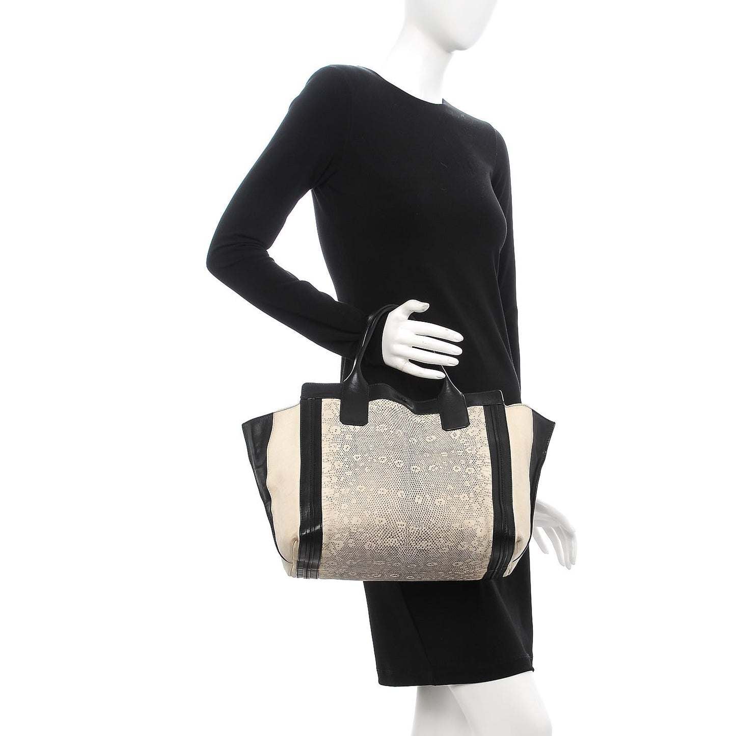 Grained Calfskin Lizard Embossed Mini Alison East West Tote Black White