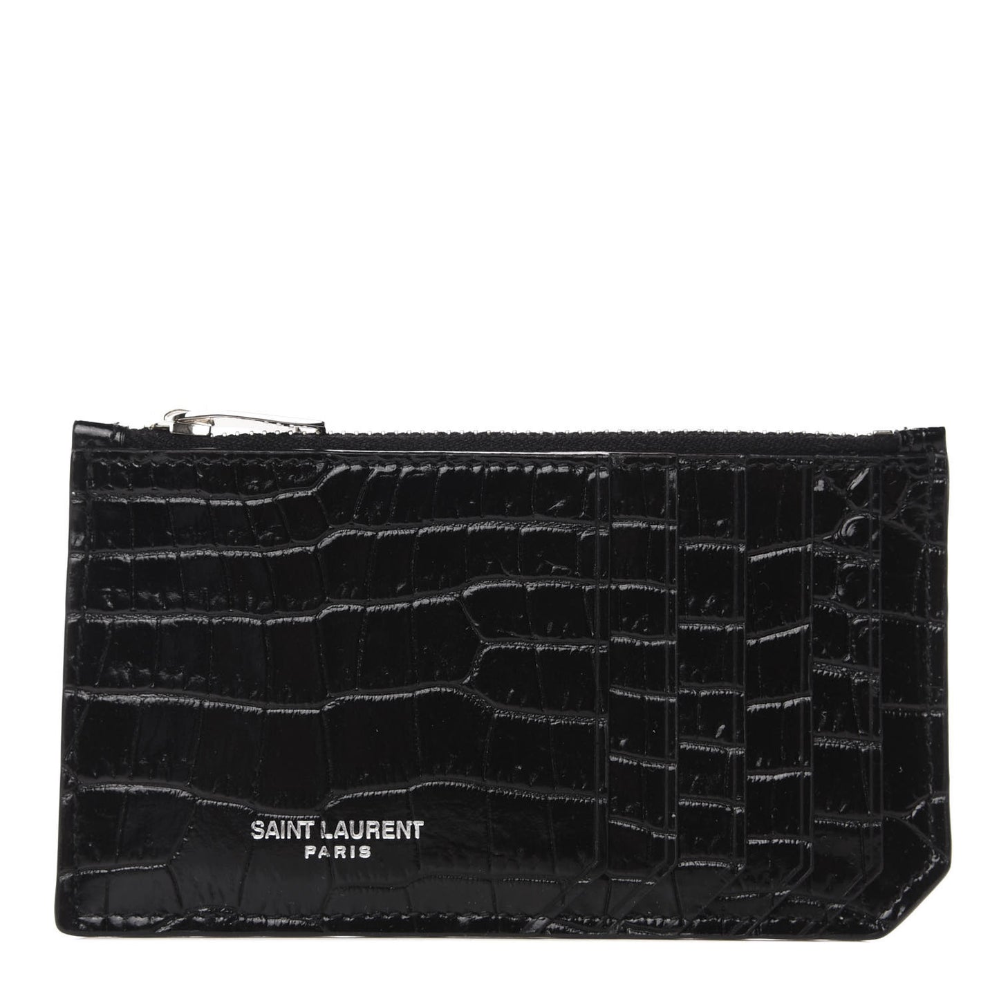 Calfskin Crocodile Embossed 5 Fragments Zip Pouch Card Holder Black