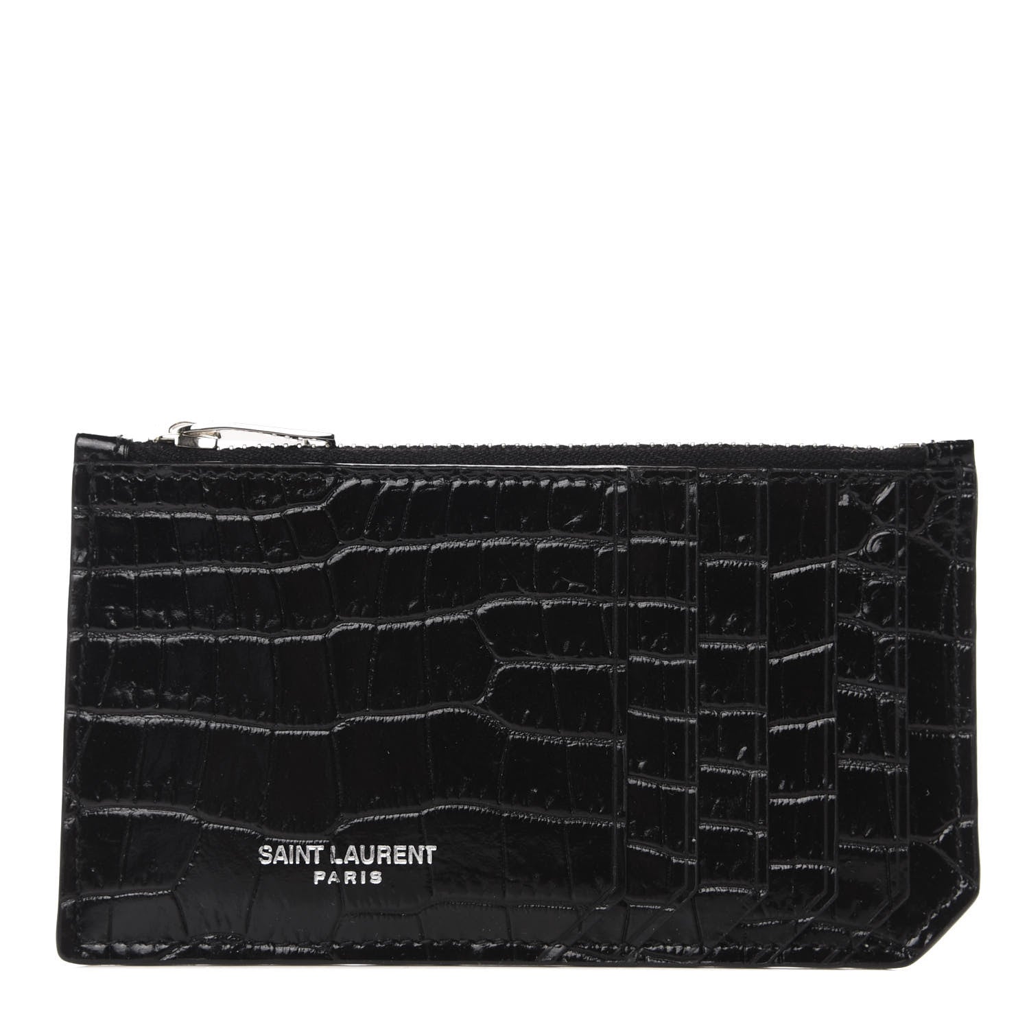 Saint Laurent Calfskin Crocodile Embossed 5 Fragments Zip Pouch Card Holder Black 1 of 8