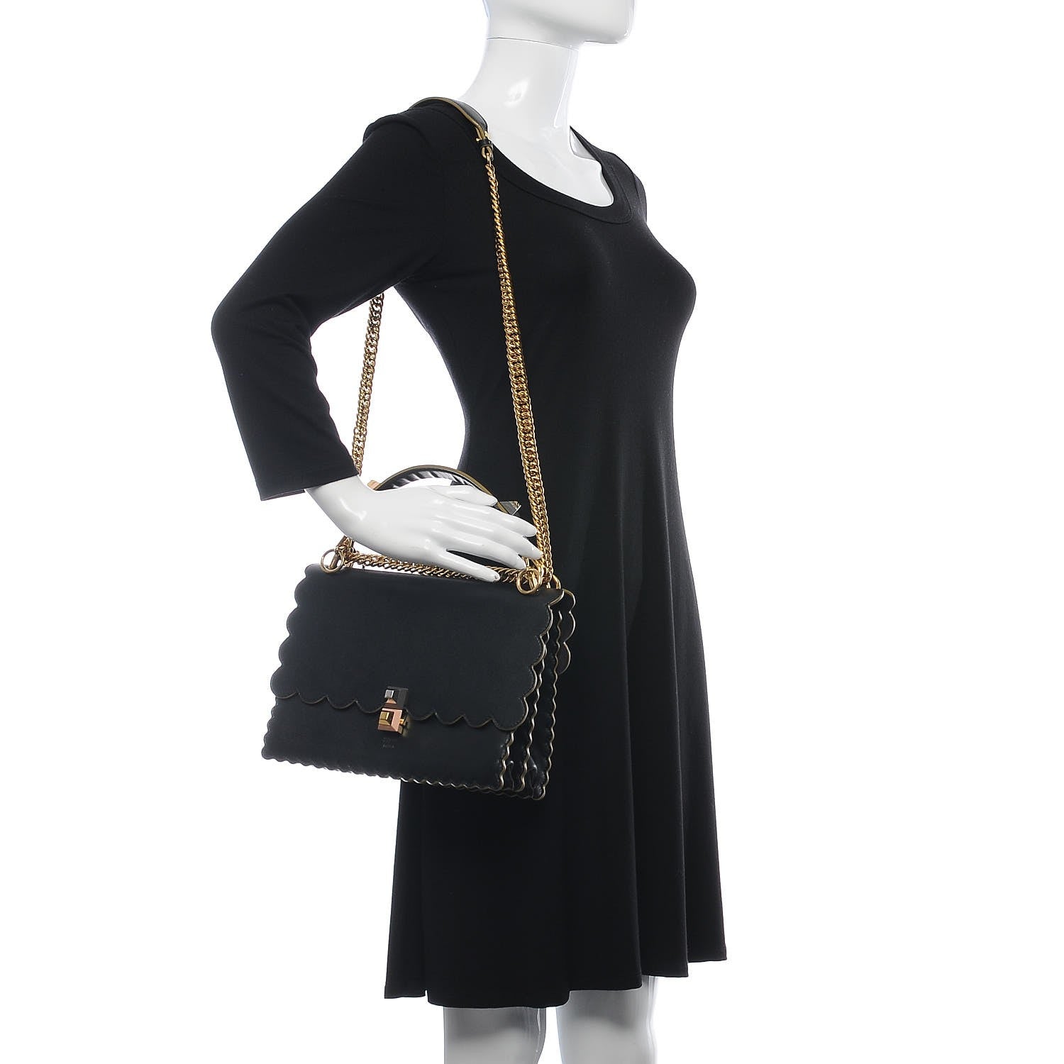 Fendi Vitello Liberty Scalloped Studded Kan I Shoulder Bag Black 2 of 8