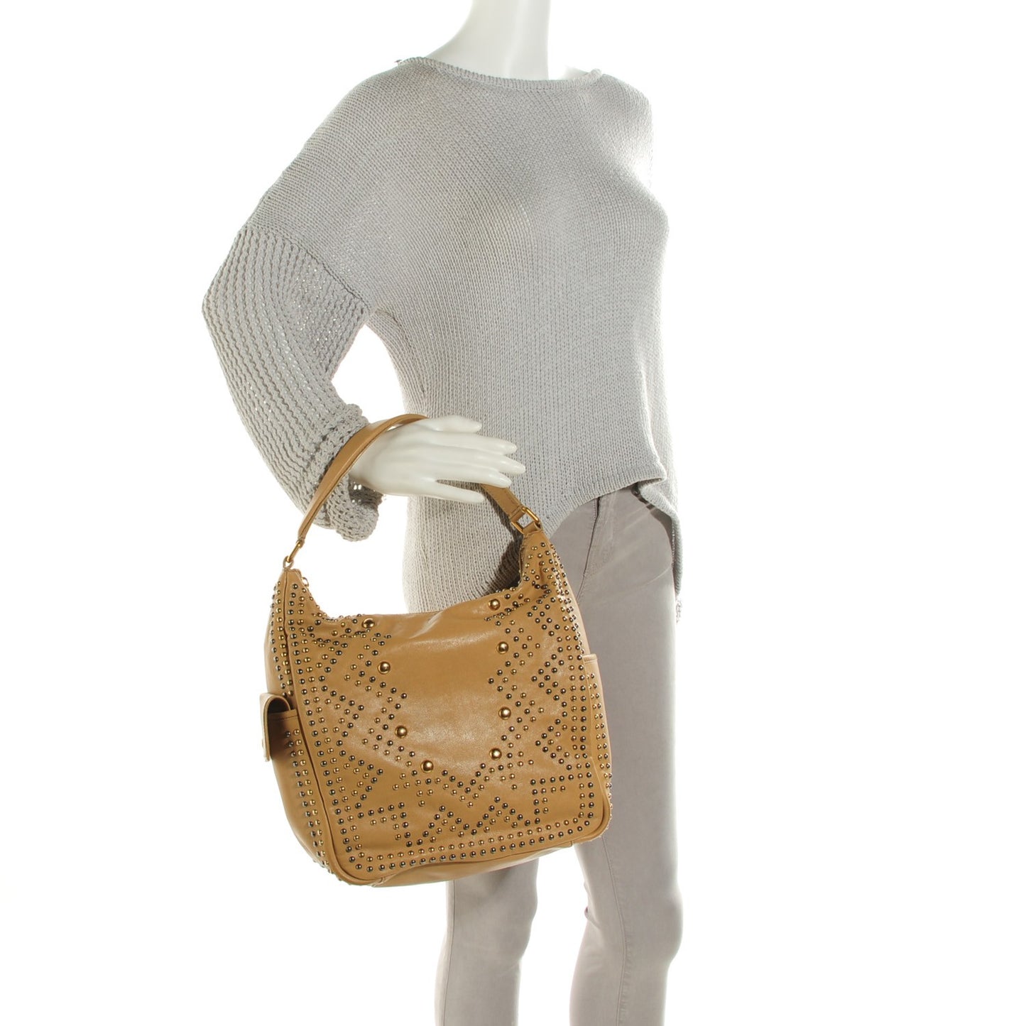 Calfskin Large Studded Roady Hobo Beige