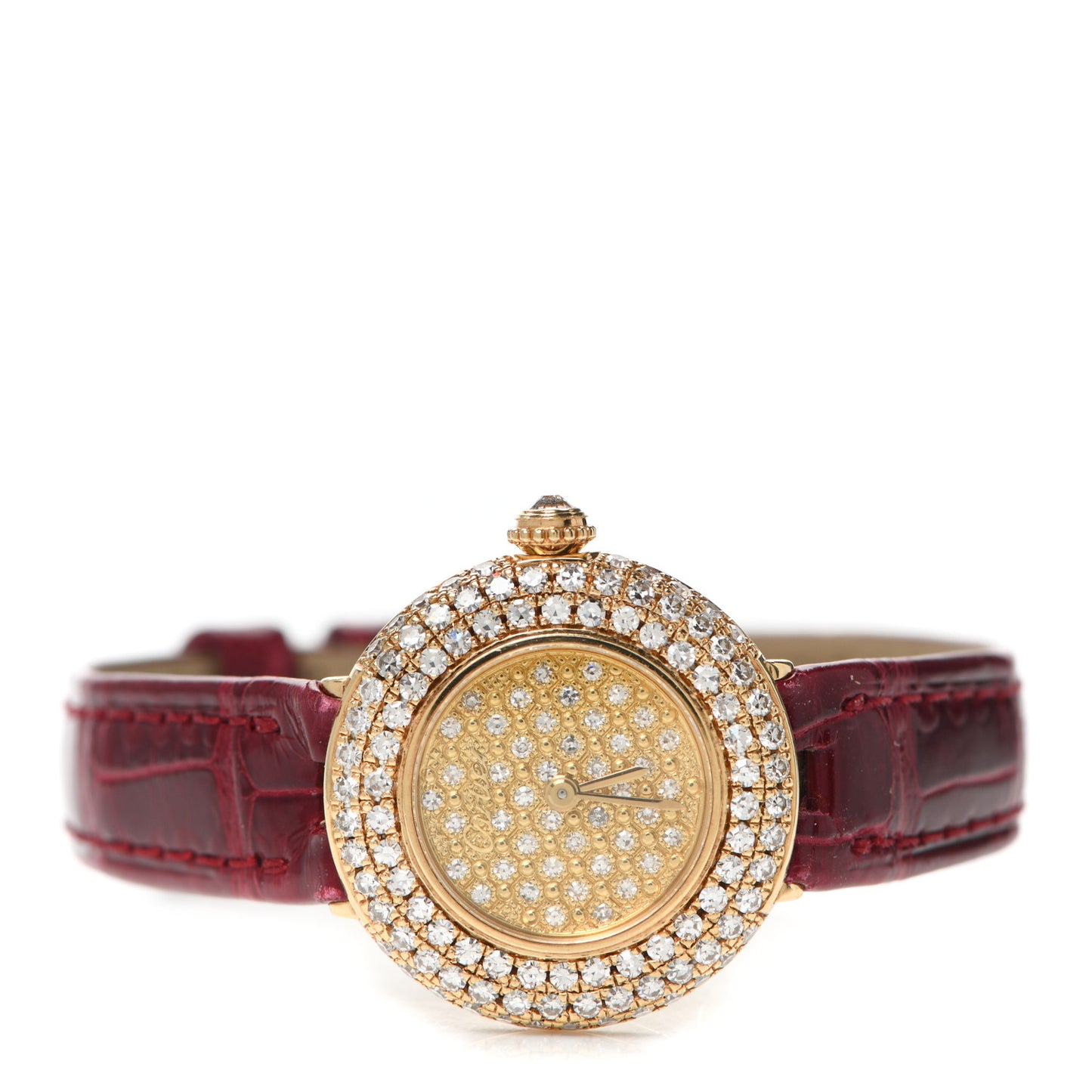 18K Yellow Gold Alligator Diamond Pave 24mm Quartz Watch Burgundy