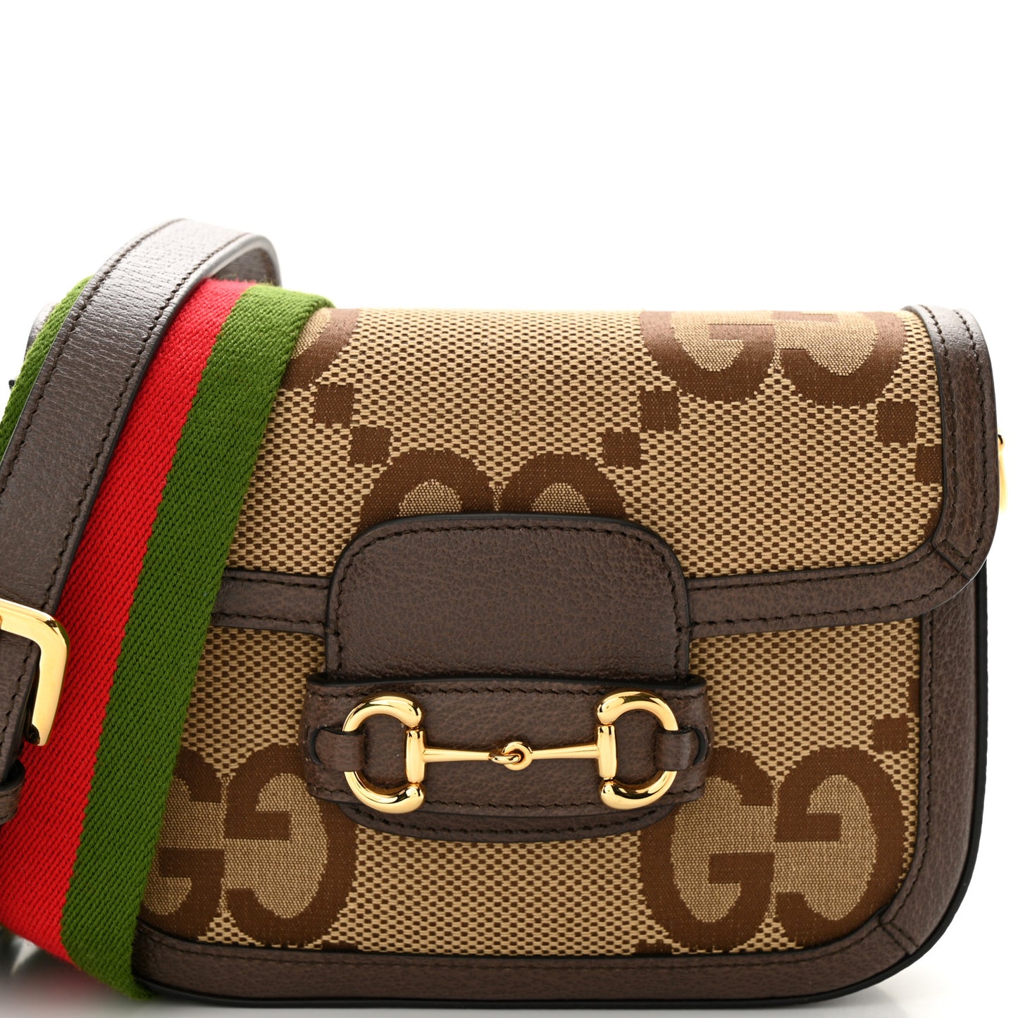 Monogram Jumbo GG Textured Dollar Calfskin Web Mini Horsebit 1955 Shoulder Bag Camel Ebony New Acero