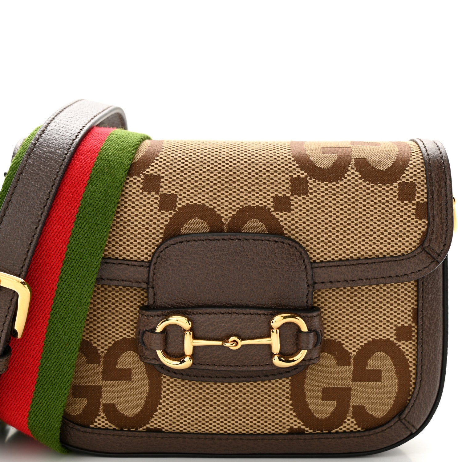 Gucci Monogram Jumbo GG Textured Dollar Calfskin Web Mini Horsebit 1955 Shoulder Bag Camel Ebony New Acero 9 of 11