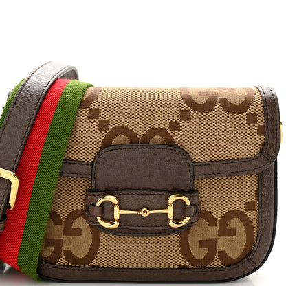 Gucci Monogram Jumbo GG Textured Dollar Calfskin Web Mini Horsebit 1955 Shoulder Bag Camel Ebony New Acero 9 of 11