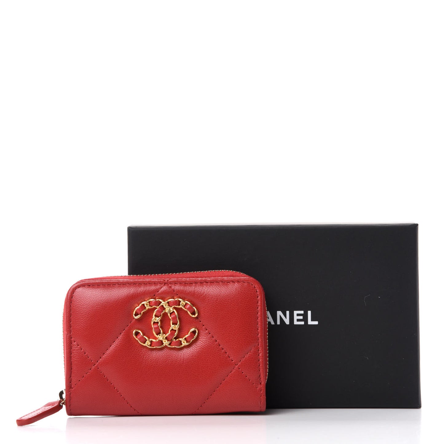 Goatskin Quilted Chanel 19 Zip Around Coin Purse Wallet Red