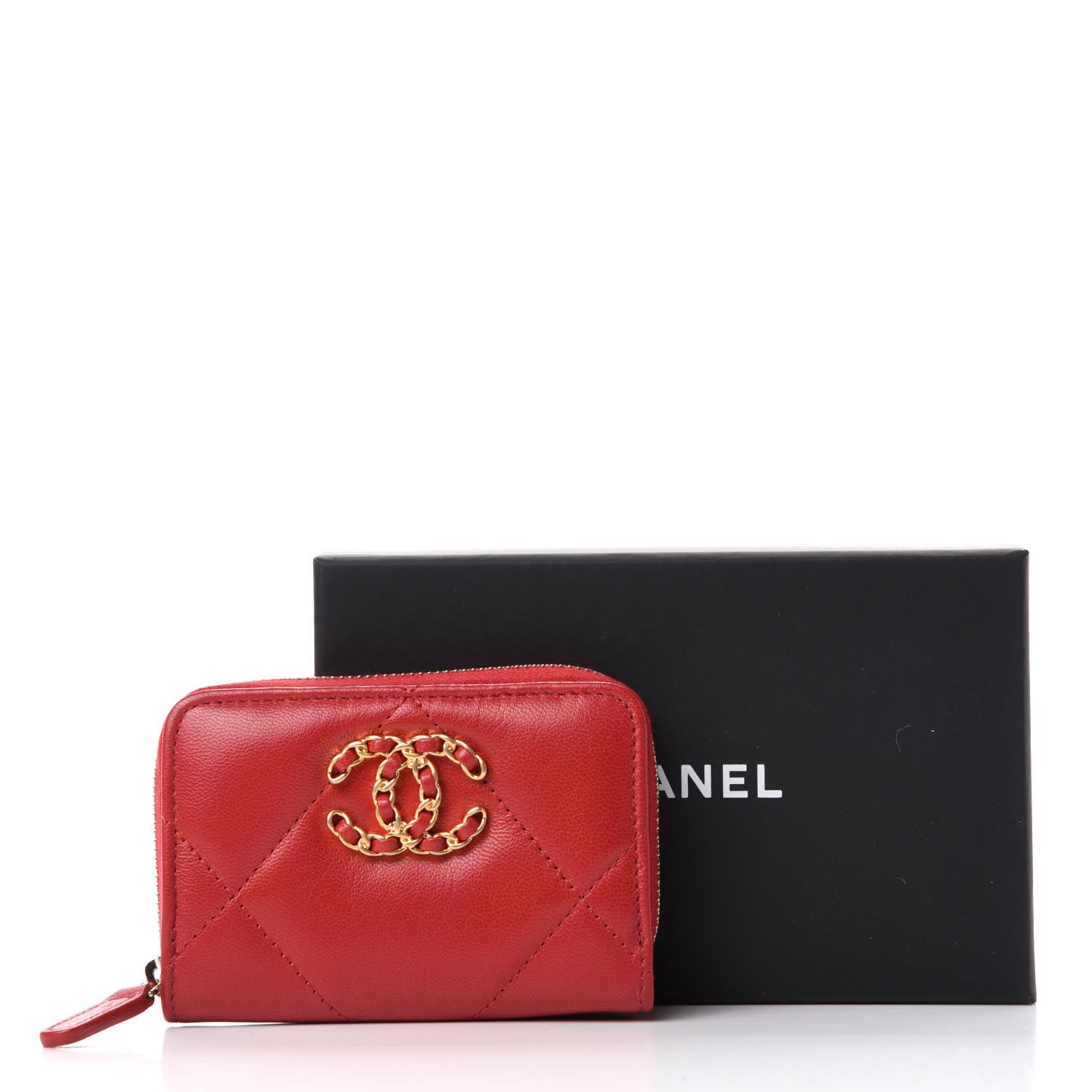 Chanel Goatskin Quilted Chanel 19 Zip Around Coin Purse Wallet Red 8 of 8